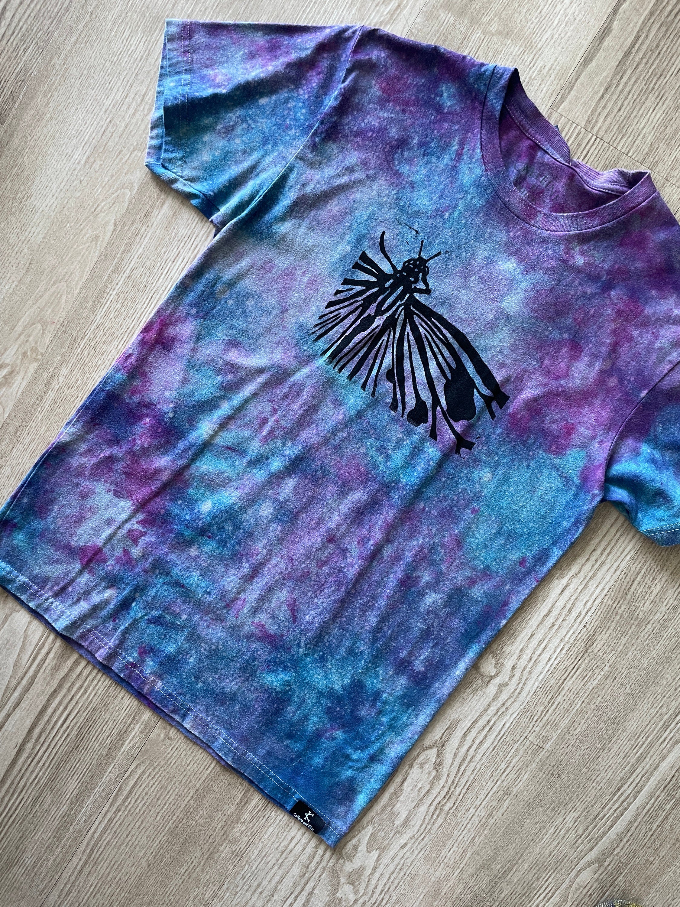Medium Men's Hand-Printed Butterfly Galaxy Tie Dye Short Sleeve T-Shirt | Handmade One-Of-a-Kind Upcycled Blue, Purple, and Pink Ice Dye