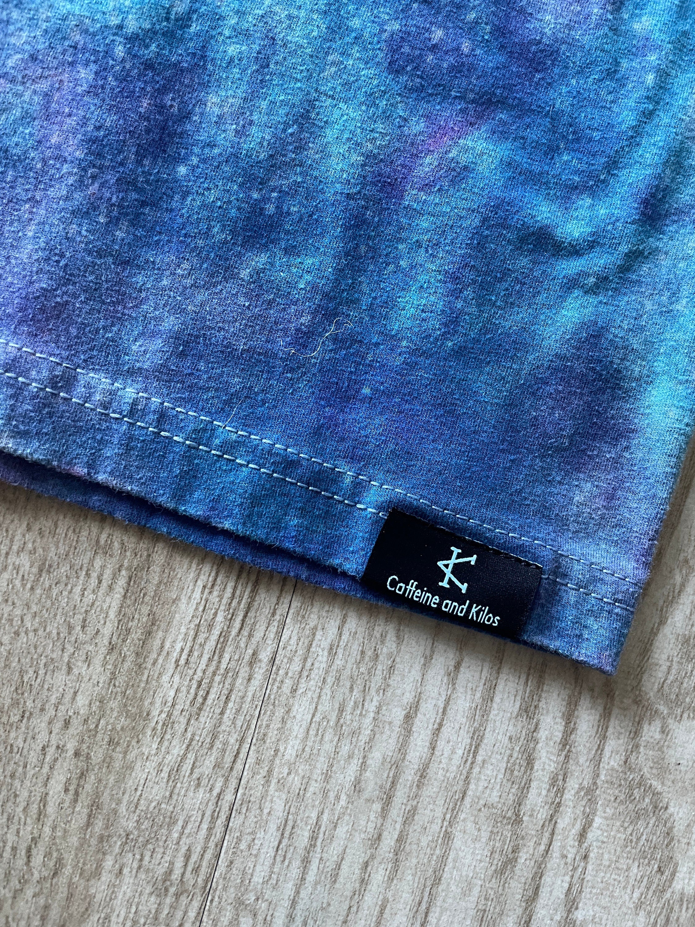 Medium Men's Hand-Printed Butterfly Galaxy Tie Dye Short Sleeve T-Shirt | Handmade One-Of-a-Kind Upcycled Blue, Purple, and Pink Ice Dye