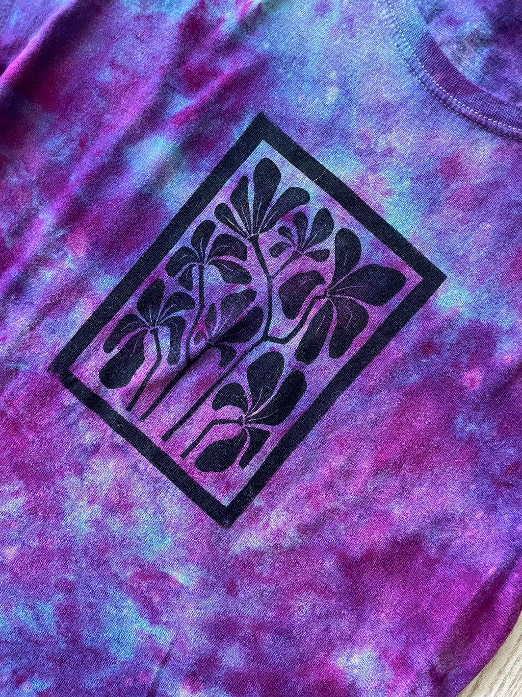 Medium Men's Hand-Printed Floral Galaxy Tie Dye Short Sleeve T-Shirt | Handmade One-Of-a-Kind Upcycled Blue, Purple, and Pink Ice Dye