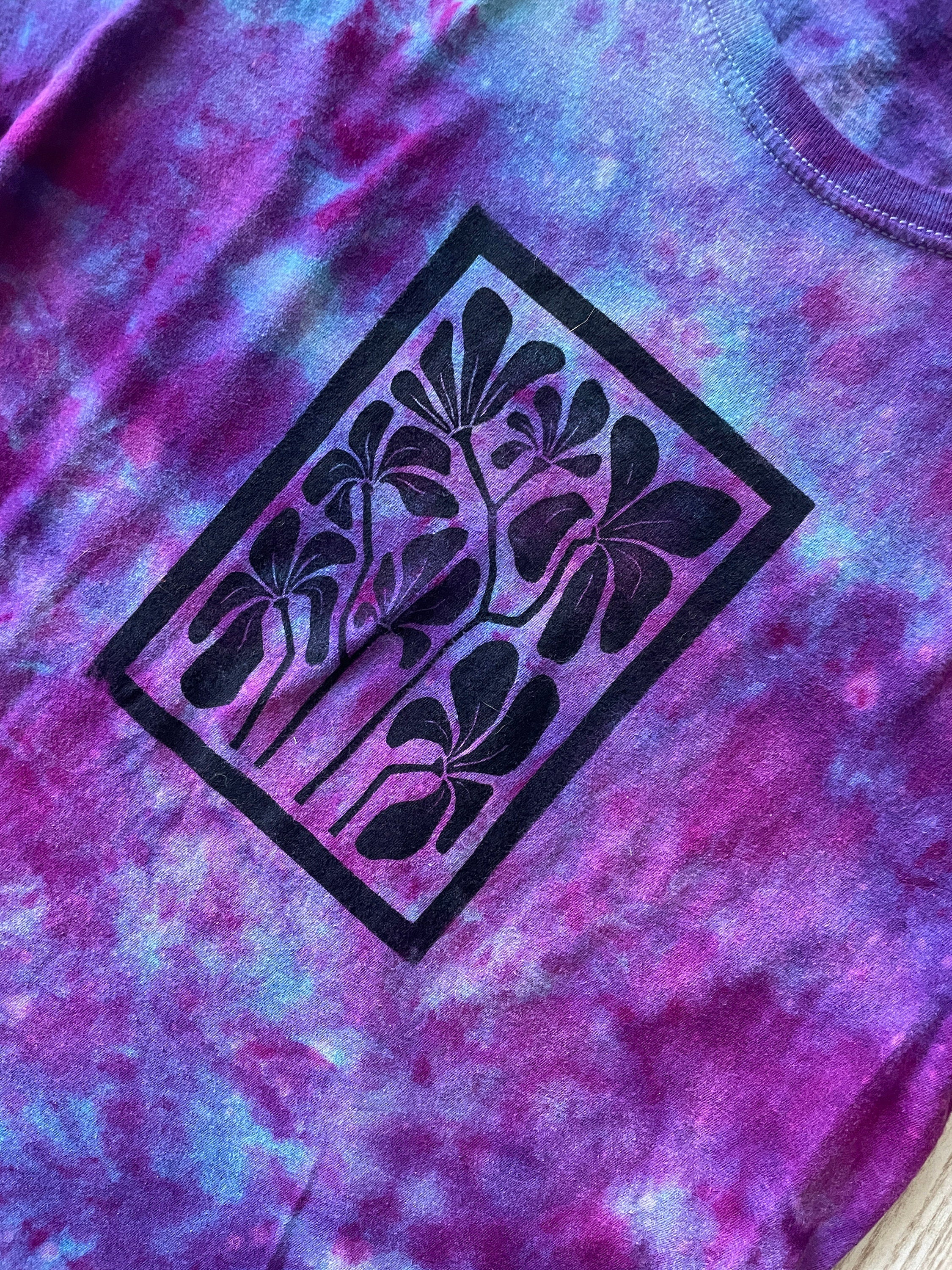 Medium Men's Hand-Printed Floral Galaxy Tie Dye Short Sleeve T-Shirt | Handmade One-Of-a-Kind Upcycled Blue, Purple, and Pink Ice Dye