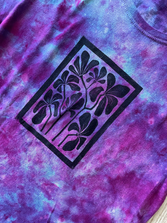 Medium Men's Hand-Printed Floral Galaxy Tie Dye Short Sleeve T-Shirt | Handmade One-Of-a-Kind Upcycled Blue, Purple, and Pink Ice Dye