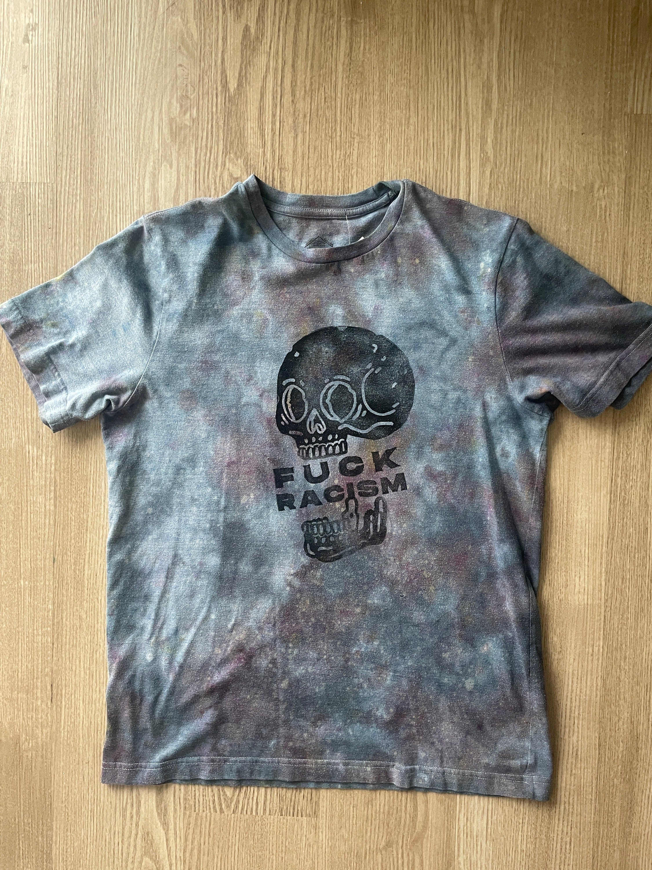 Small Men's Hand-Printed Fuck Racism Skull Galaxy Tie Dye Short Sleeve T-Shirt | Handmade One-Of-a-Kind Upcycled Black and Gray Top
