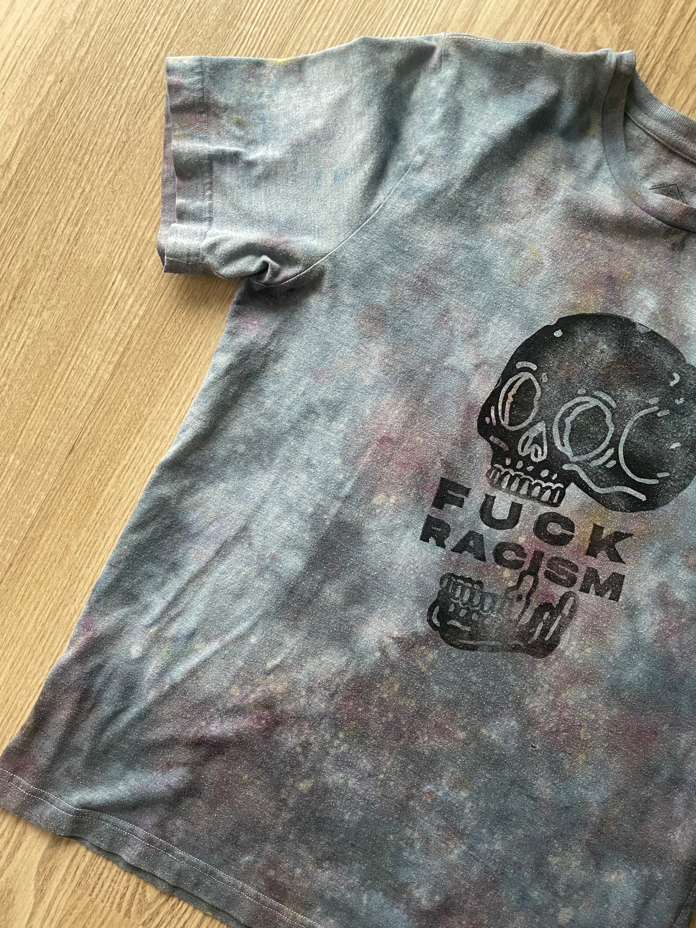 Small Men's Hand-Printed Fuck Racism Skull Galaxy Tie Dye Short Sleeve T-Shirt | Handmade One-Of-a-Kind Upcycled Black and Gray Top