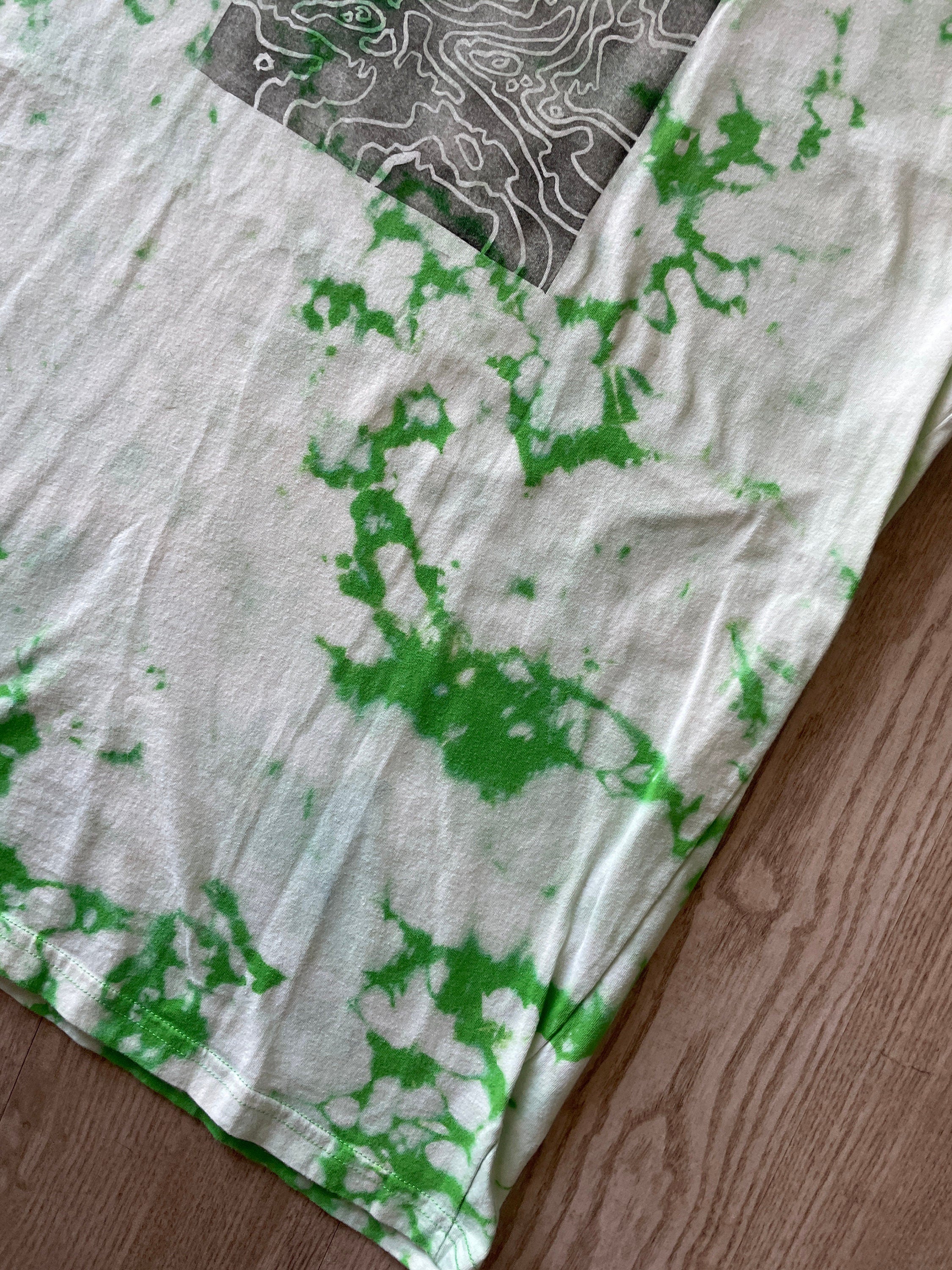 Large Men's Hand-Printed Delicate Arch Topo Map Reverse Tie Dye Short Sleeve T-Shirt | Handmade One-Of-a-Kind Upcycled Green and White Top