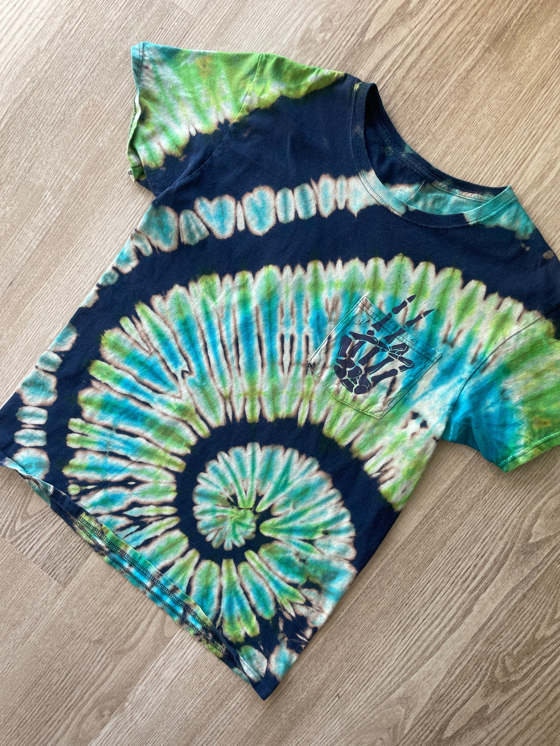 M/L Men's Hand-Printed Skeleton Peace Sign Reverse Tie Dye Short Sleeve T-Shirt | Handmade One-Of-a-Kind Upcycled Green and Blue Spiral Top