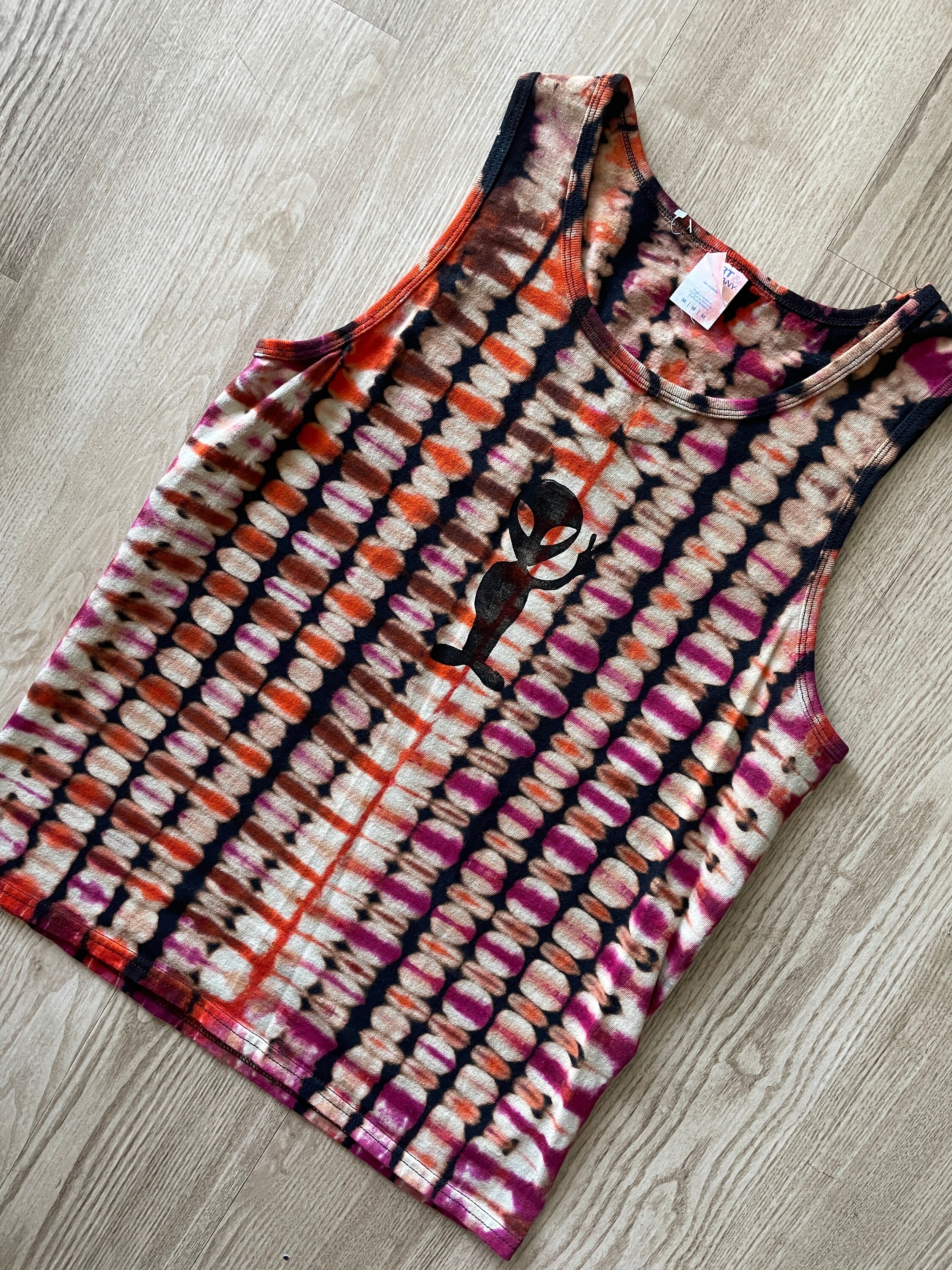 Medium Men's Hand-Printed Alien Reverse Tie Dye Tank Top | Handmade One-Of-a-Kind Upcycled Black, Orange, and Pink Sleeveless Top