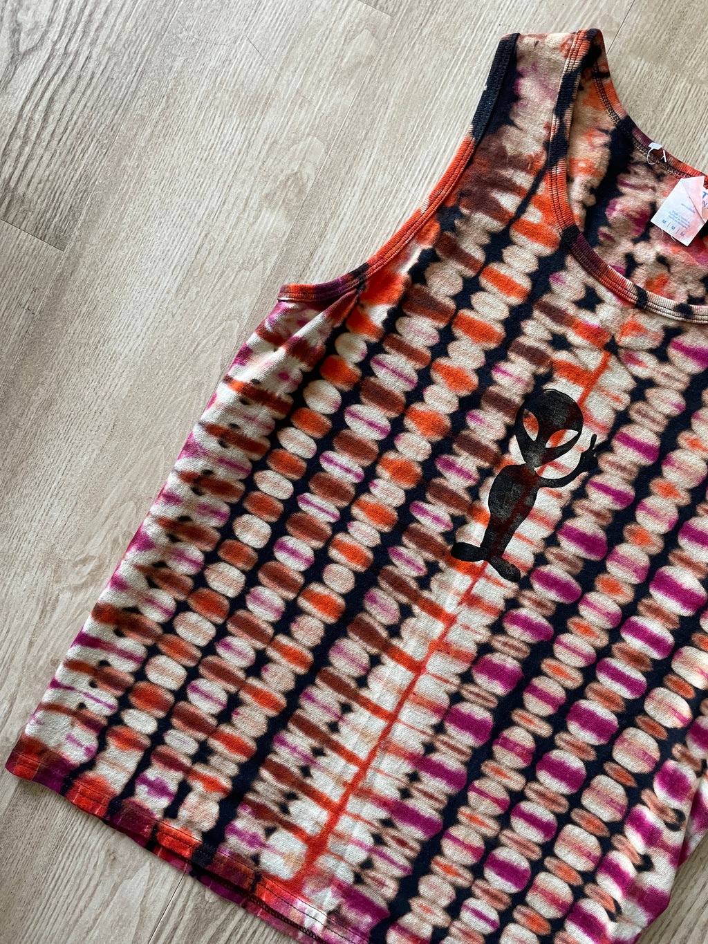 Medium Men's Hand-Printed Alien Reverse Tie Dye Tank Top | Handmade One-Of-a-Kind Upcycled Black, Orange, and Pink Sleeveless Top