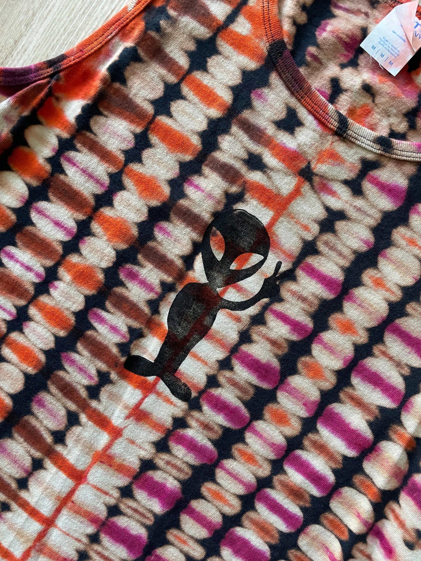 Medium Men's Hand-Printed Alien Reverse Tie Dye Tank Top | Handmade One-Of-a-Kind Upcycled Black, Orange, and Pink Sleeveless Top