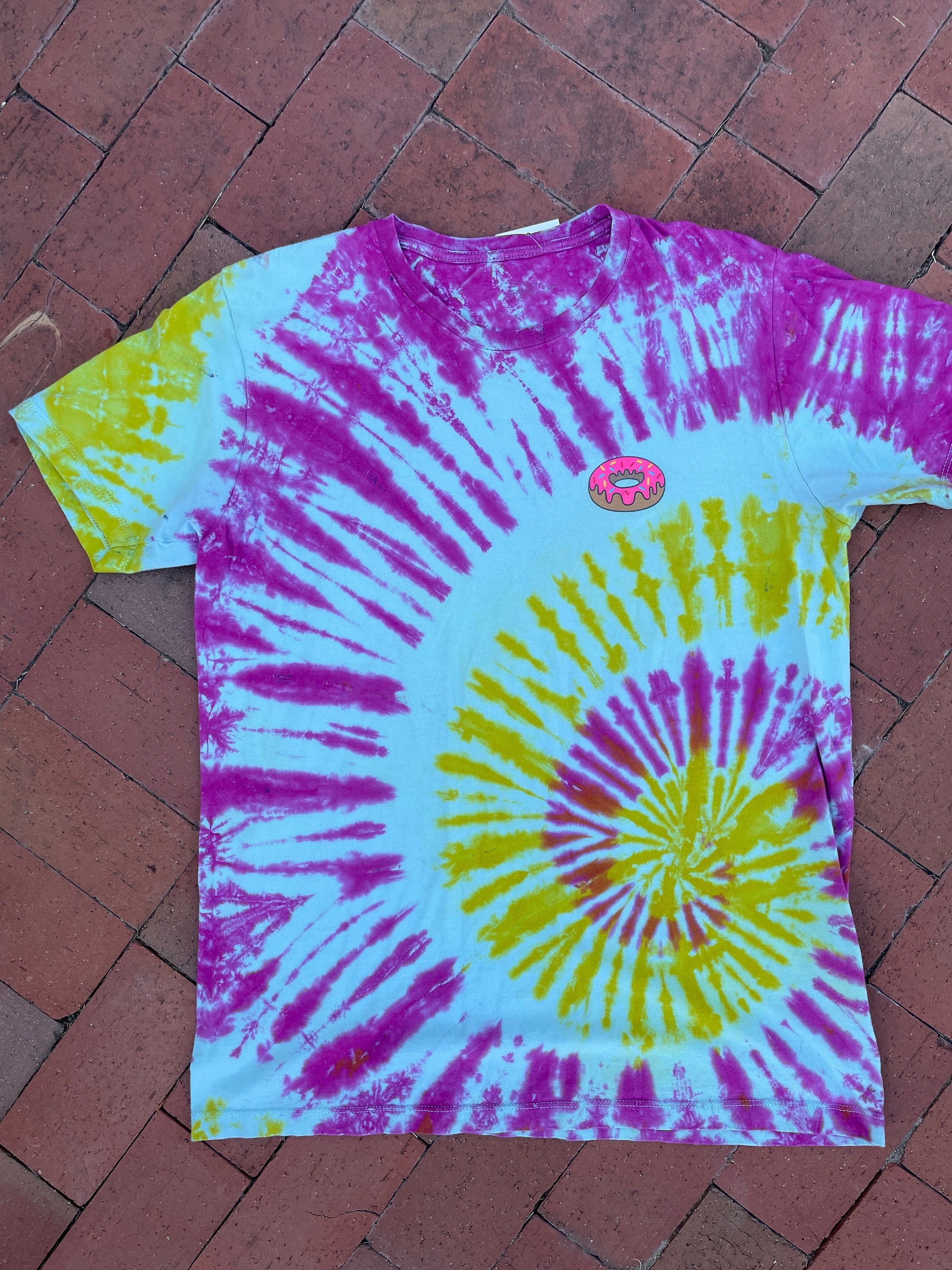 LARGE Men’s Donut Spiral Tie Dye Short Sleeve T-Shirt | One-Of-a-Kind Upcycled Pink and Yellow Top