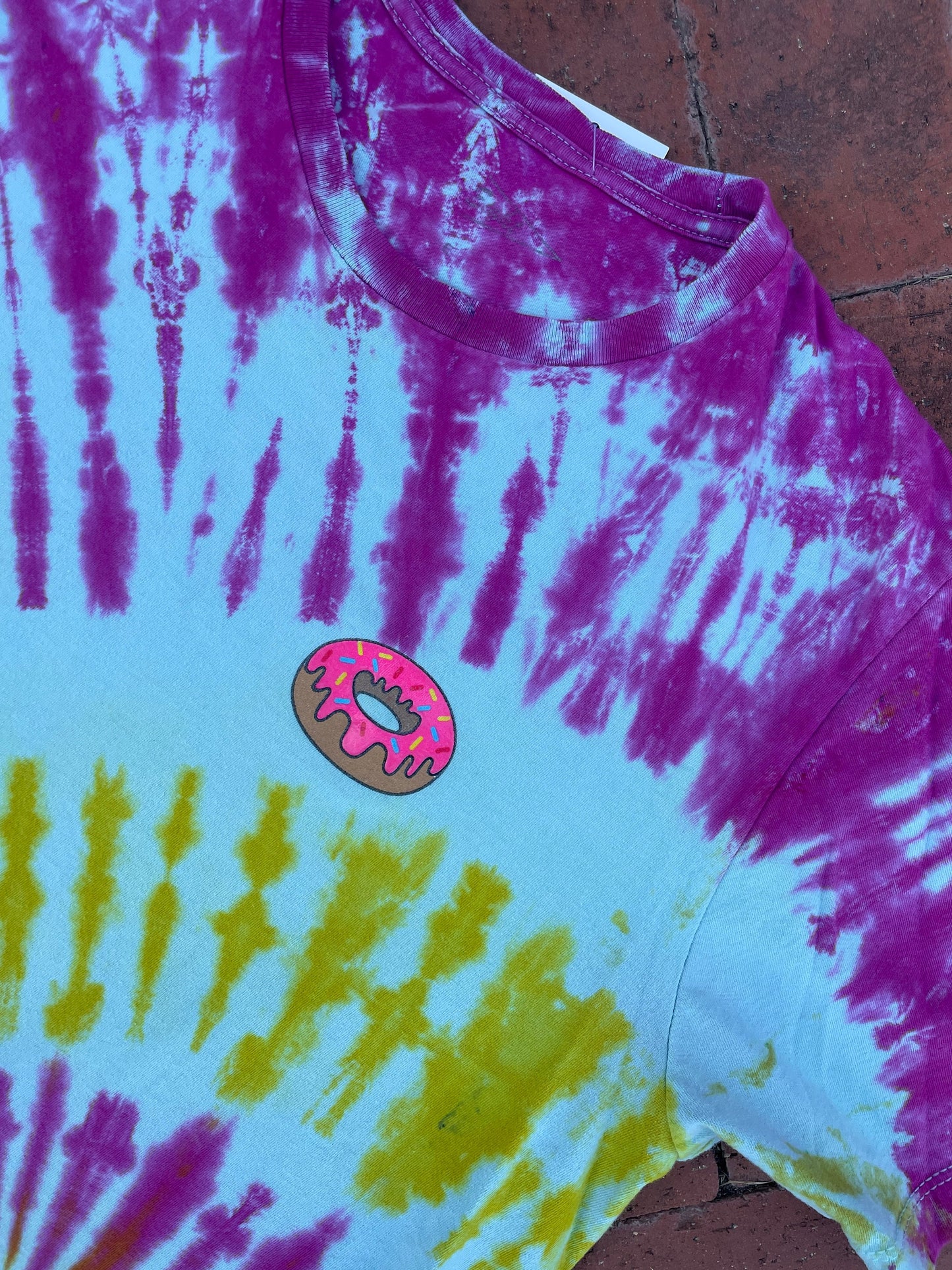 LARGE Men’s Donut Spiral Tie Dye Short Sleeve T-Shirt | One-Of-a-Kind Upcycled Pink and Yellow Top