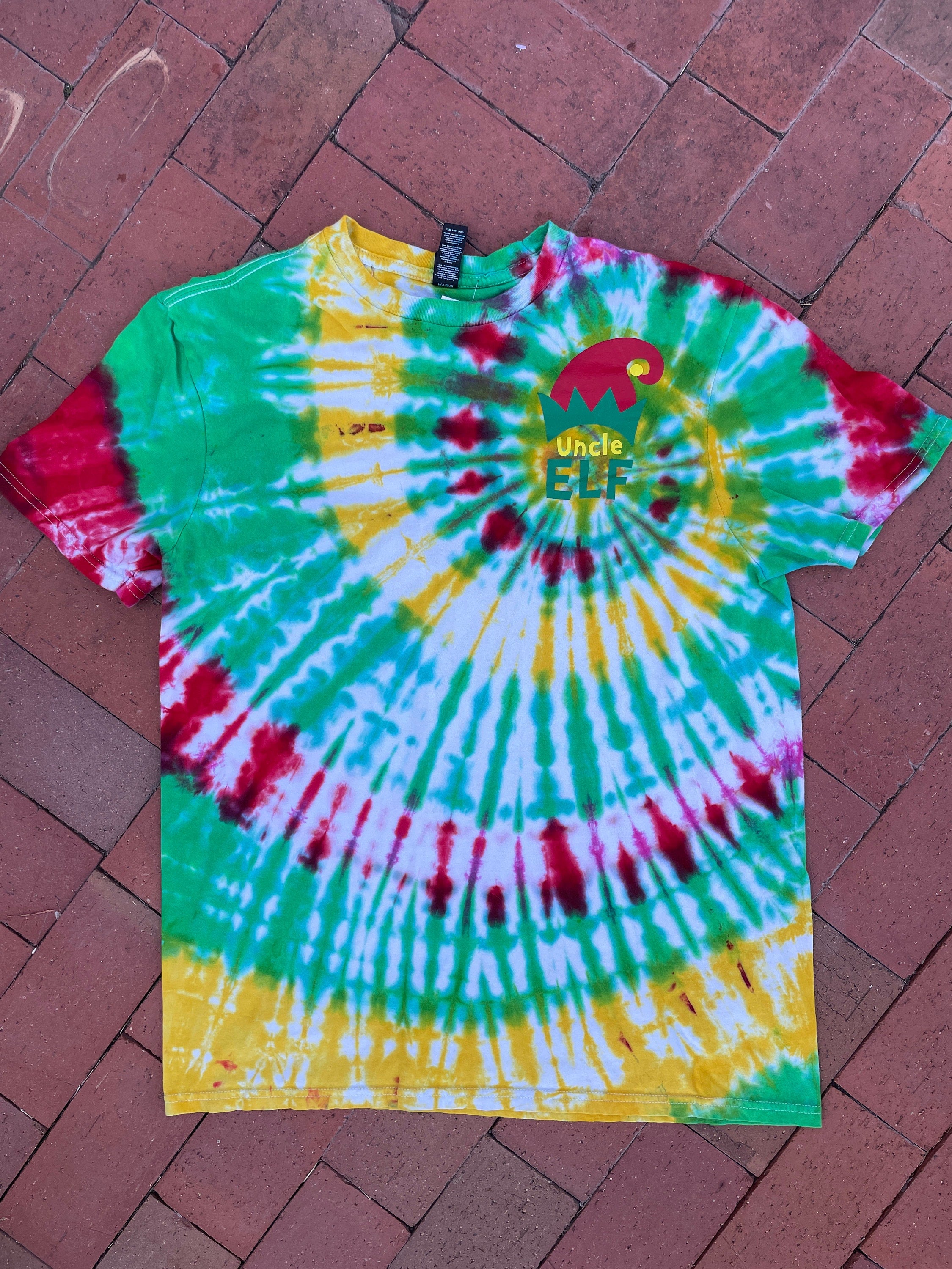 LARGE Men’s Uncle Elf Spiral Tie Dye Short Sleeve T-Shirt | One-Of-a-Kind Upcycled Red, Green, and Yellow Christmas Top