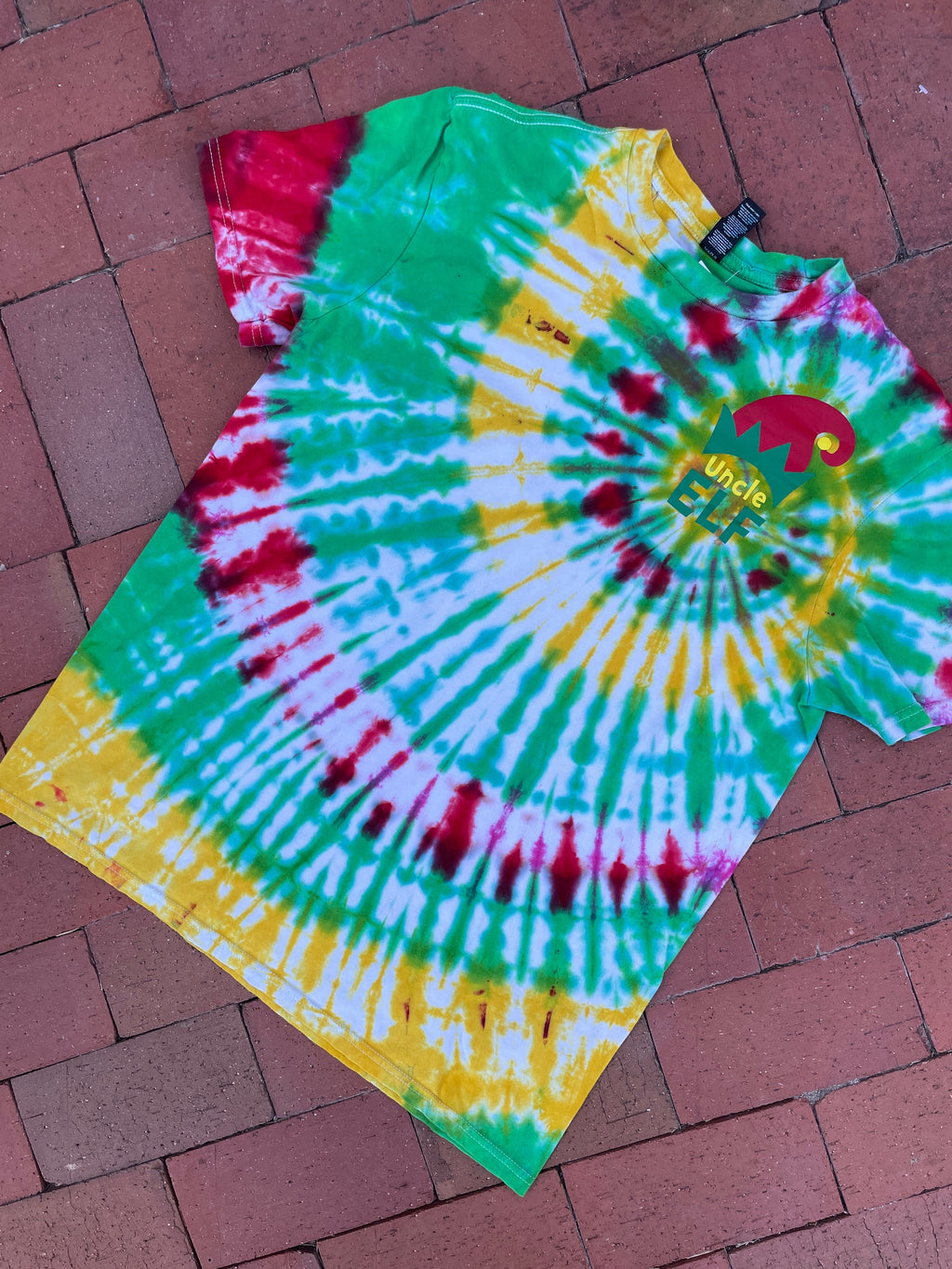 LARGE Men’s Uncle Elf Spiral Tie Dye Short Sleeve T-Shirt | One-Of-a-Kind Upcycled Red, Green, and Yellow Christmas Top
