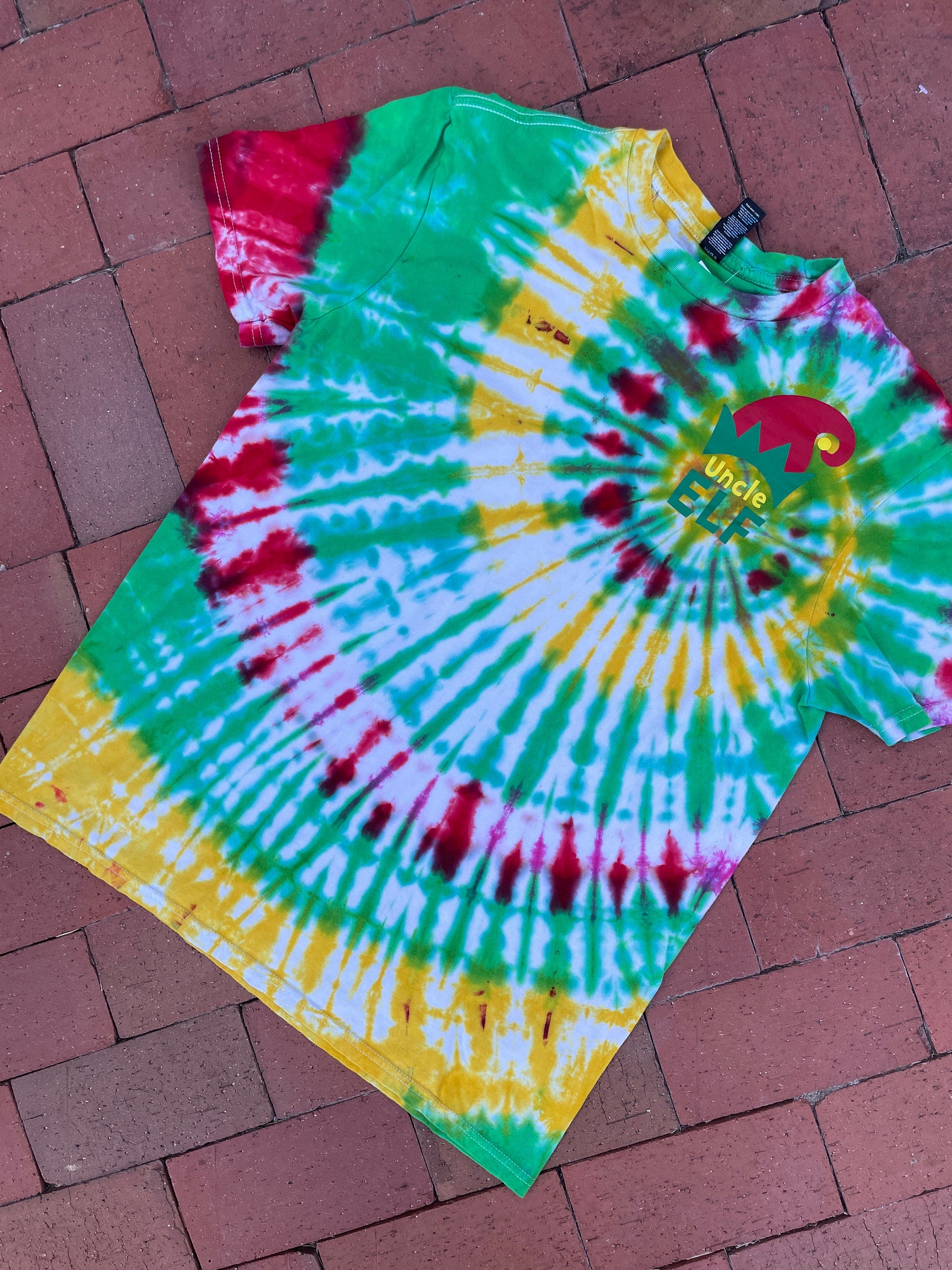 LARGE Men’s Uncle Elf Spiral Tie Dye Short Sleeve T-Shirt | One-Of-a-Kind Upcycled Red, Green, and Yellow Christmas Top
