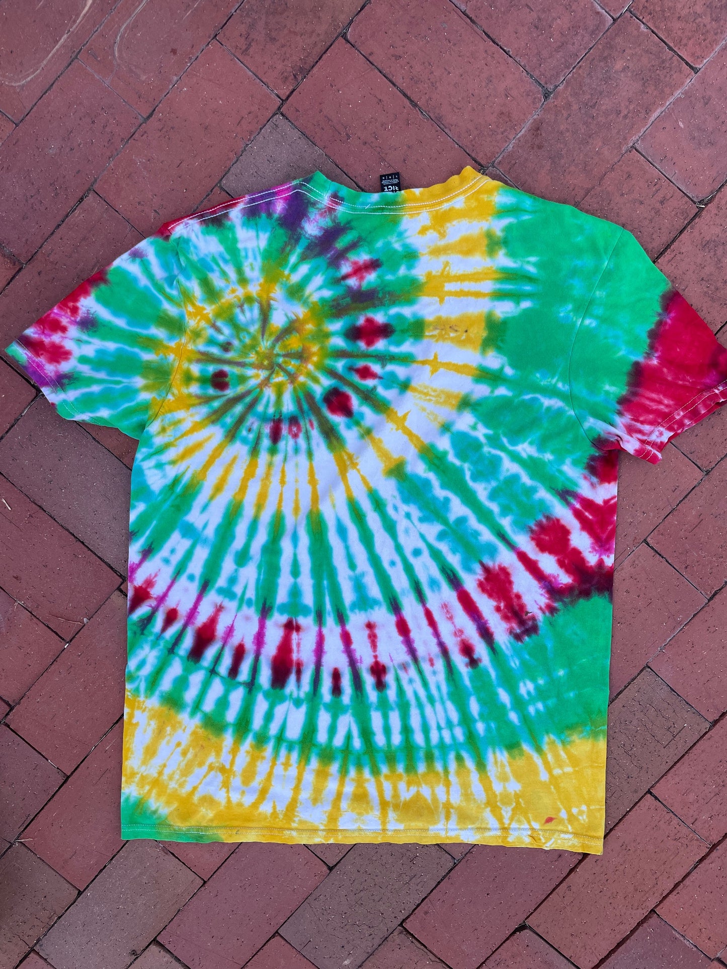 LARGE Men’s Uncle Elf Spiral Tie Dye Short Sleeve T-Shirt | One-Of-a-Kind Upcycled Red, Green, and Yellow Christmas Top