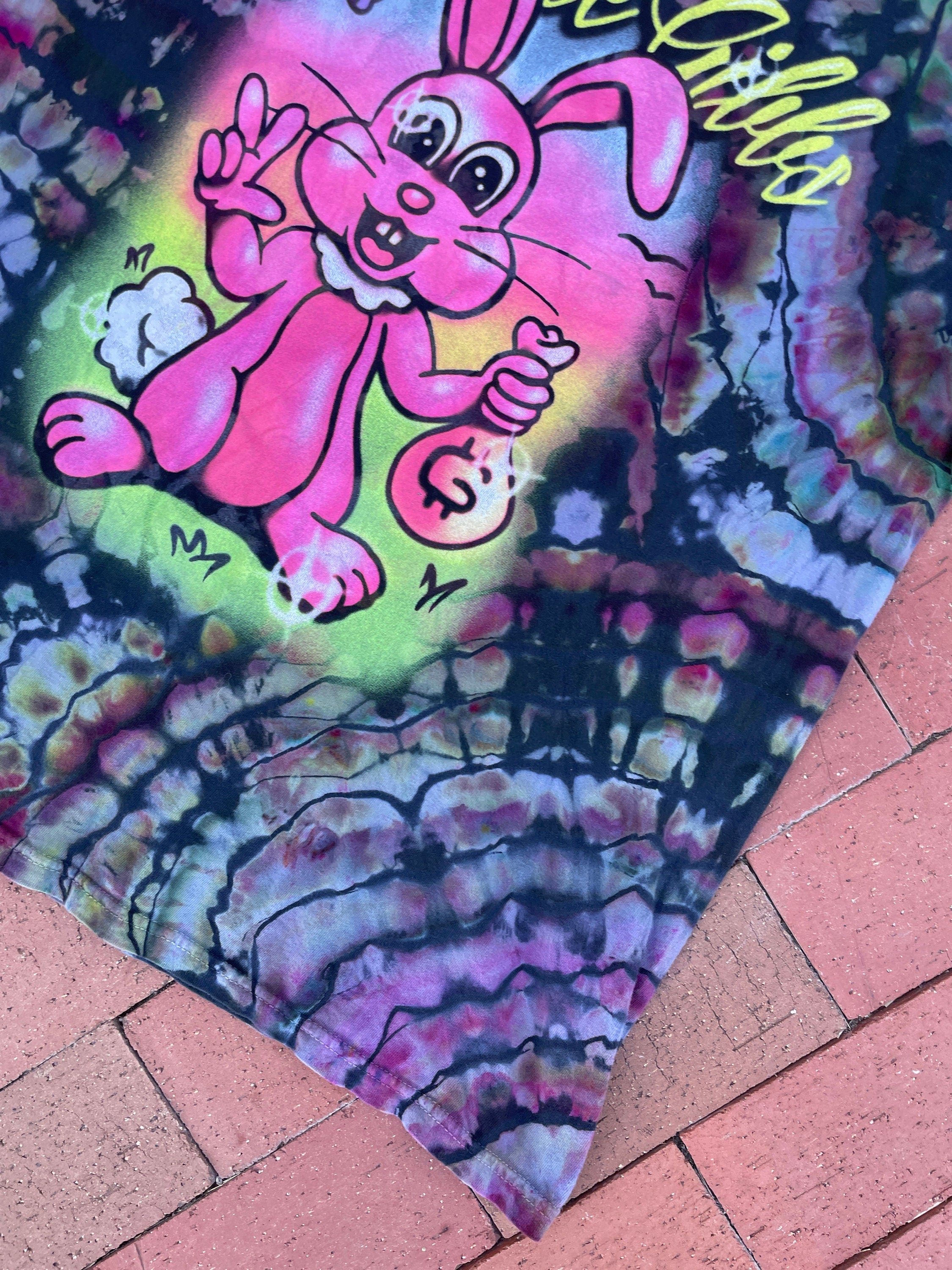 LARGE Men’s Freddie Gibbs Airbrush Bunny Reverse Tie Dye Short Sleeve T-Shirt | One-Of-a-Kind Upcycled Black and Blue Geode Top