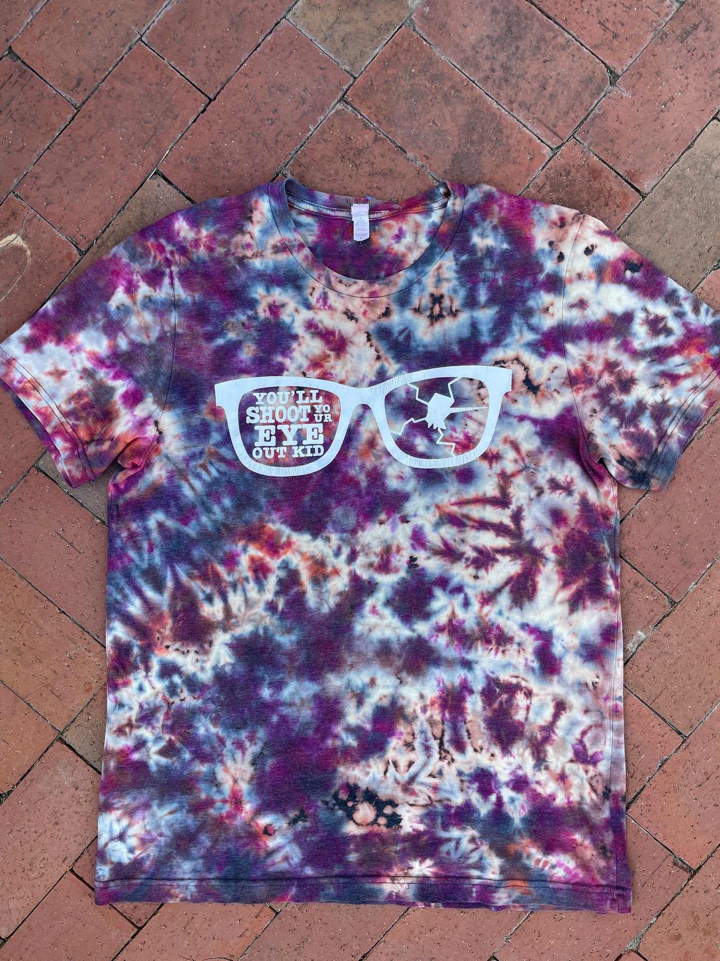 LARGE Men’s You'll Shoot Your Eye Out, Kid! A Christmas Story Reverse Tie Dye Short Sleeve T-Shirt | One-Of-a-Kind Upcycled Crumpled Top