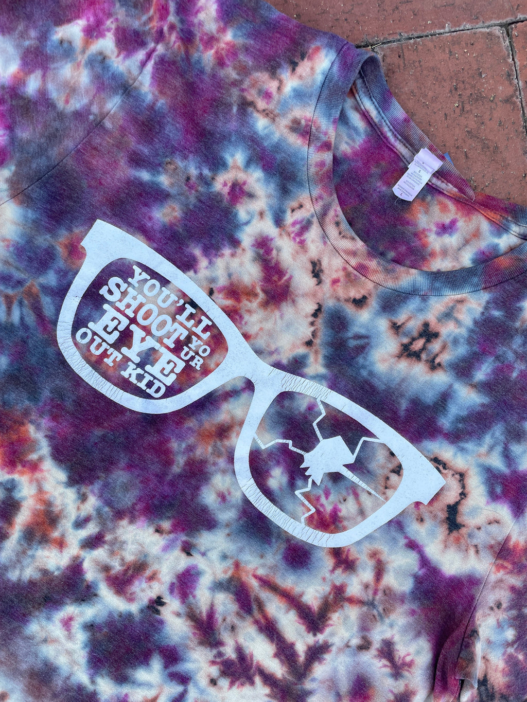 LARGE Men’s You'll Shoot Your Eye Out, Kid! A Christmas Story Reverse Tie Dye Short Sleeve T-Shirt | One-Of-a-Kind Upcycled Crumpled Top