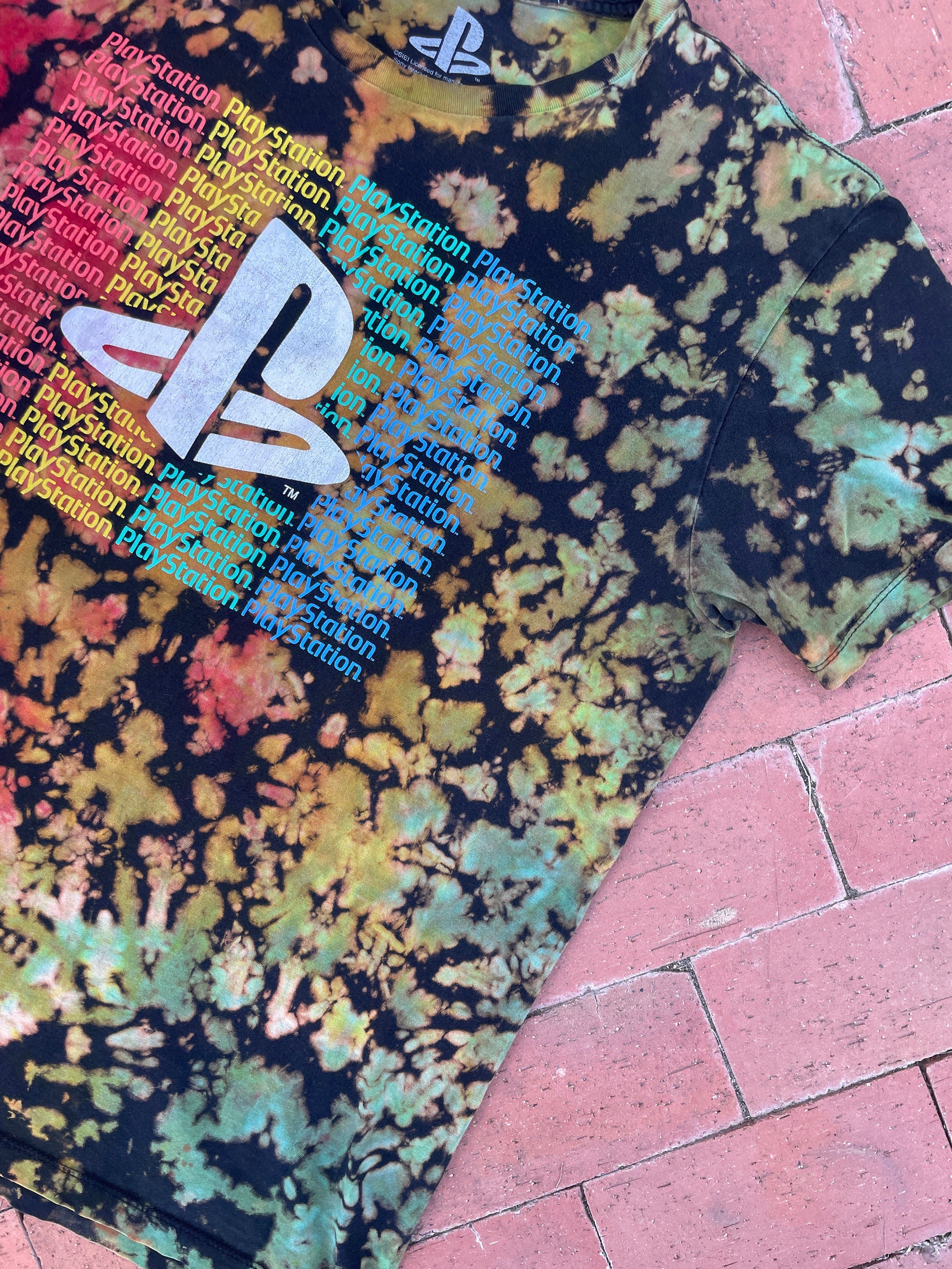 XL Men’s Playstation Reverse Tie Dye Short Sleeve T-Shirt | One-Of-a-Kind Upcycled Black and Rainbow Crumpled Graphic Tee