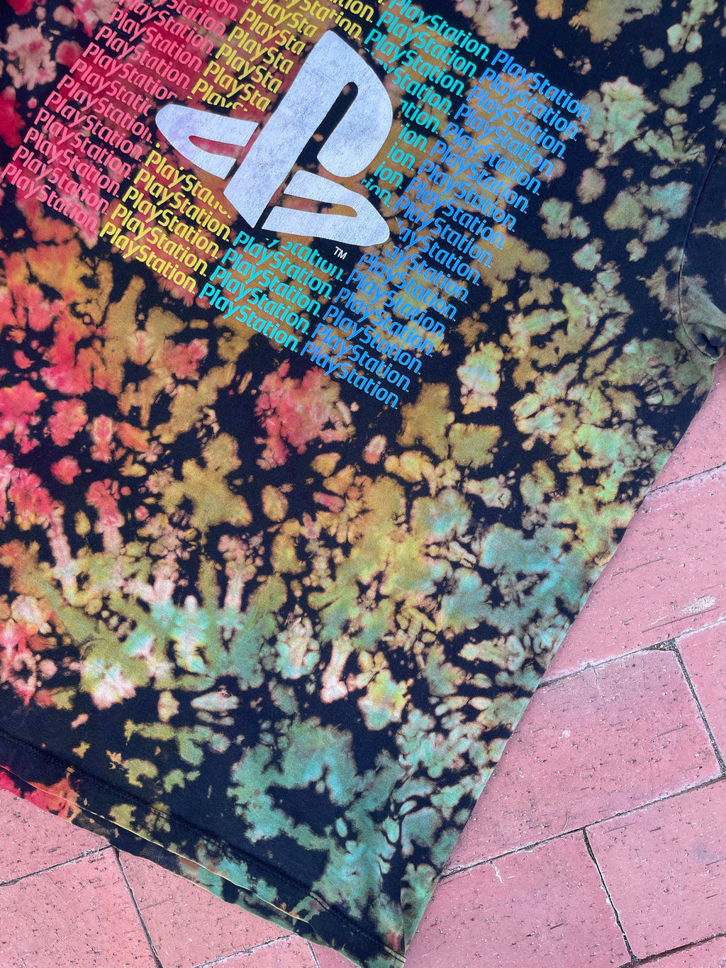 XL Men’s Playstation Reverse Tie Dye Short Sleeve T-Shirt | One-Of-a-Kind Upcycled Black and Rainbow Crumpled Graphic Tee