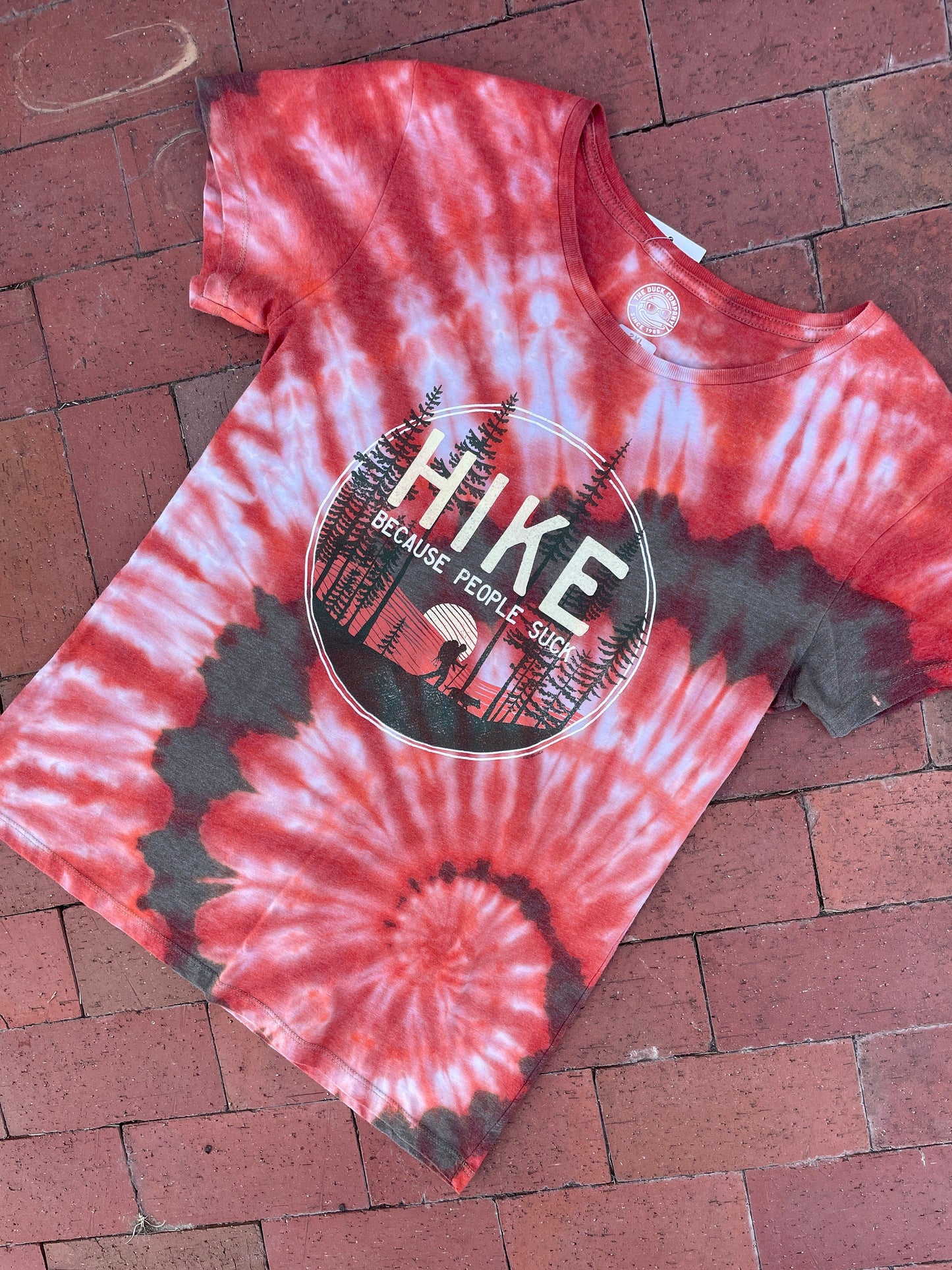 L/XL Men’s Hike: Because People Suck Reverse Tie Dye Short Sleeve T-Shirt | One-Of-a-Kind Upcycled Green and Orange Spiral Graphic Tee