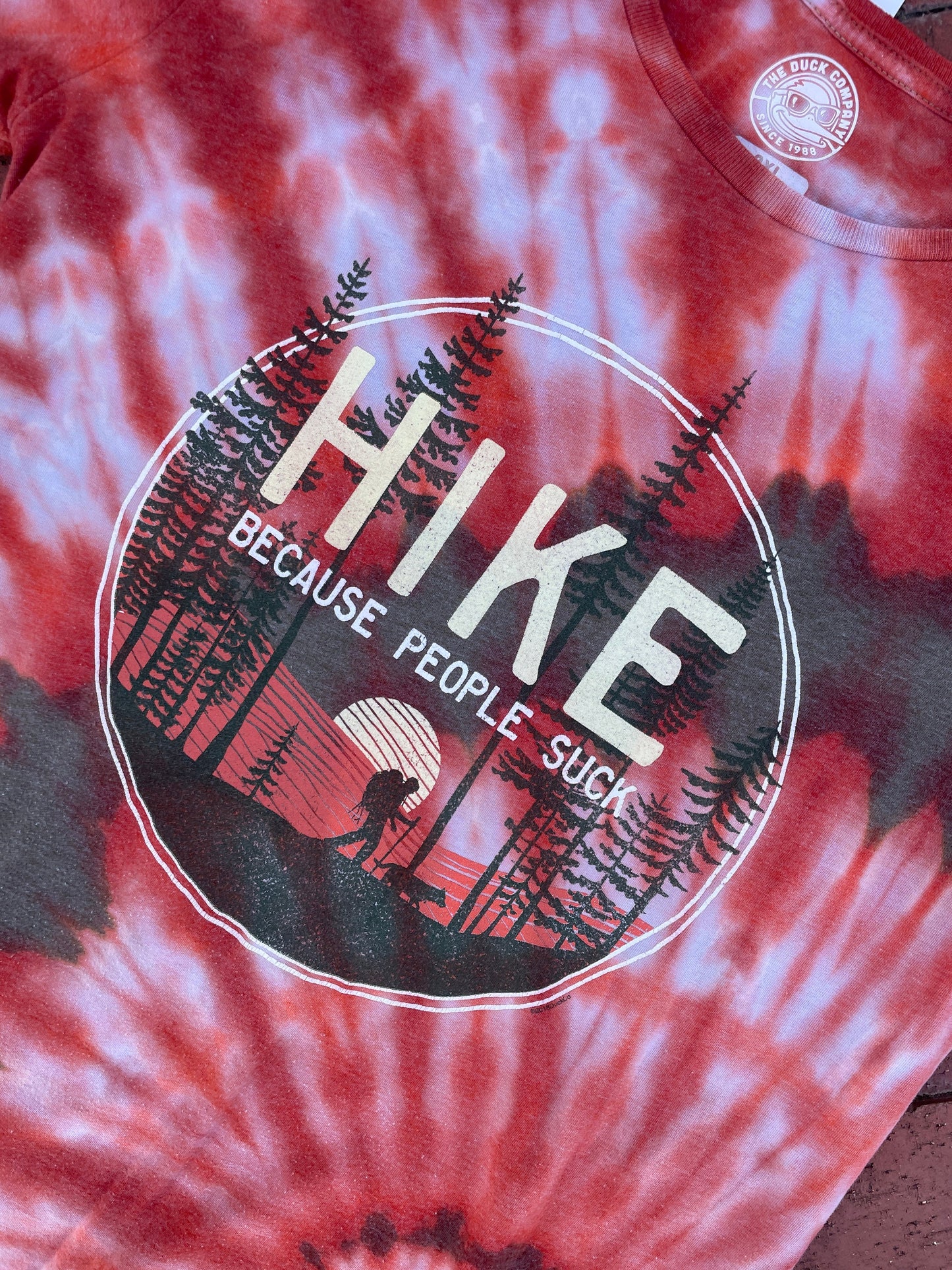 L/XL Men’s Hike: Because People Suck Reverse Tie Dye Short Sleeve T-Shirt | One-Of-a-Kind Upcycled Green and Orange Spiral Graphic Tee