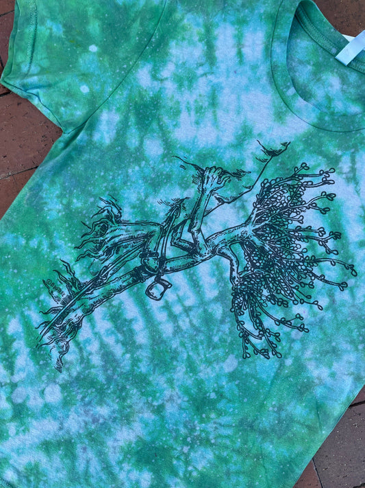 MEDIUM Men’s Tree Rock Climber Handmade Tie Dye Short Sleeve T-Shirt | One-Of-a-Kind Upcycled Green and Blue Graphic Tee