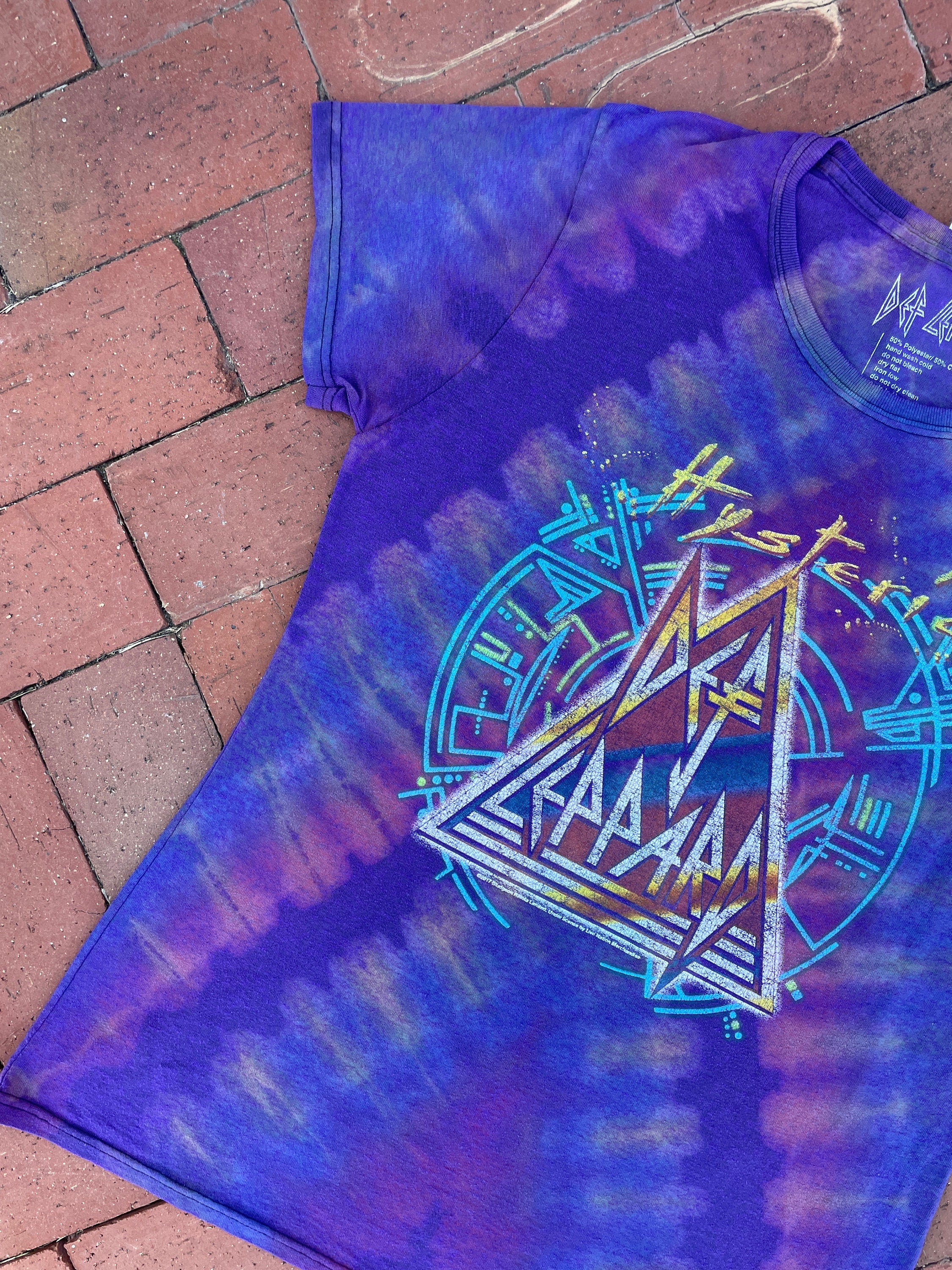 Medium Women's Def Leppard High Voltage Reverse Tie Dye Short Sleeve T-Shirt | One-Of-a-Kind Upcycled Purple and Pink Pleated Graphic Tee