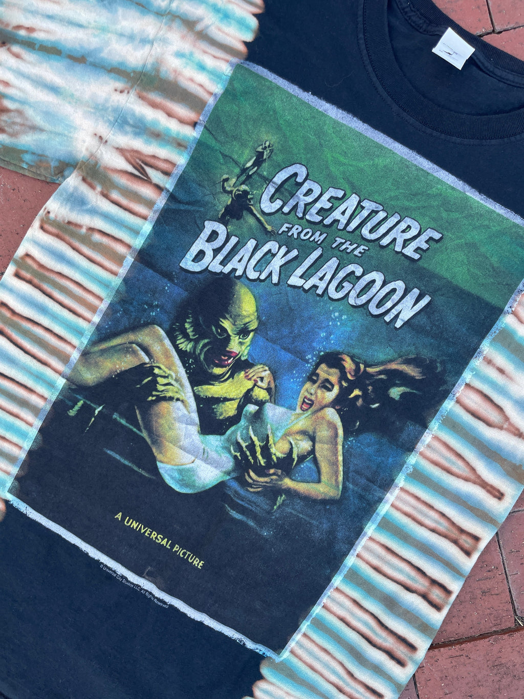 MEDIUM Men’s Creatue from the Black Lagoon Handmade Reverse Tie Dye Short Sleeve T-Shirt | One-Of-a-Kind Vintage Upcycled Black and Blue Top