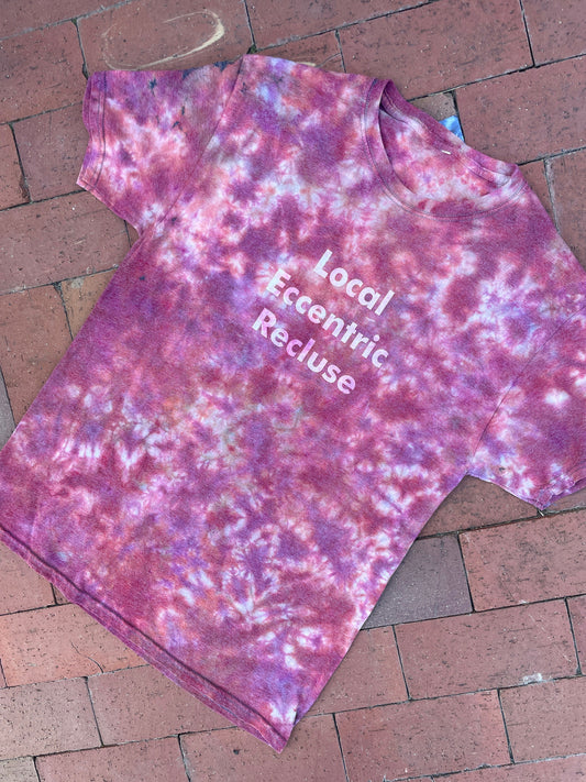MEDIUM Men’s Local Eccentric Recluse Handmade Tie Dye Short Sleeve T-Shirt | One-Of-a-Kind Upcycled Pink and Orange Crumpled Top
