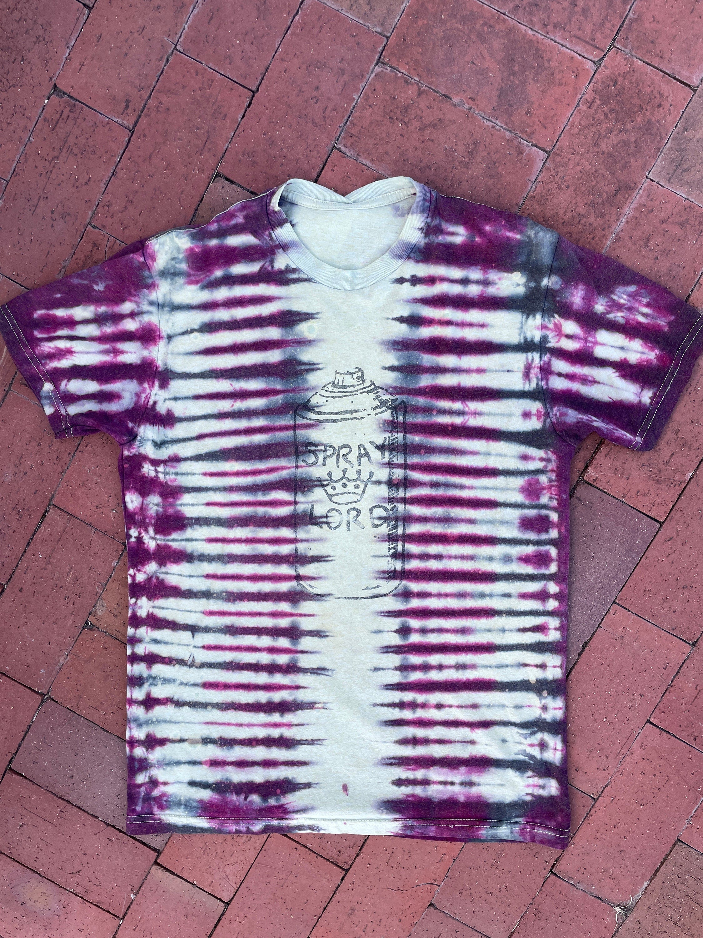 MEDIUM Men’s Rock Climbing Spray Lord Handmade Tie Dye Short Sleeve T-Shirt | One-Of-a-Kind Upcycled Yellow, Pink, and Black Graphic Tee