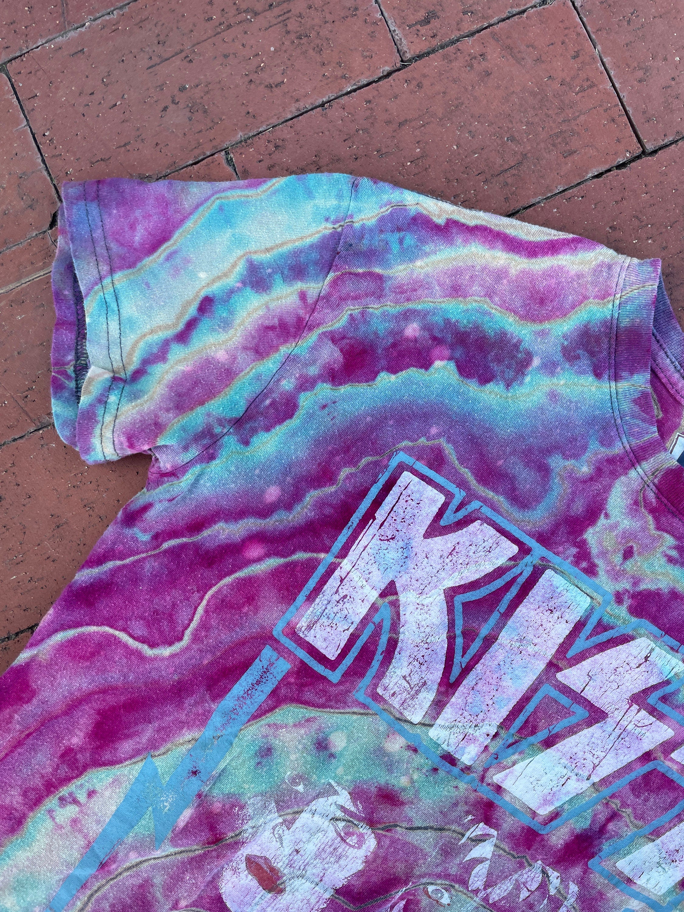 SMALL Women's KISS Handmade Reverse Tie Dye Short Sleeve T-Shirt | One-Of-a-Kind Upcycled Pink and Blue Galaxy Geode Top
