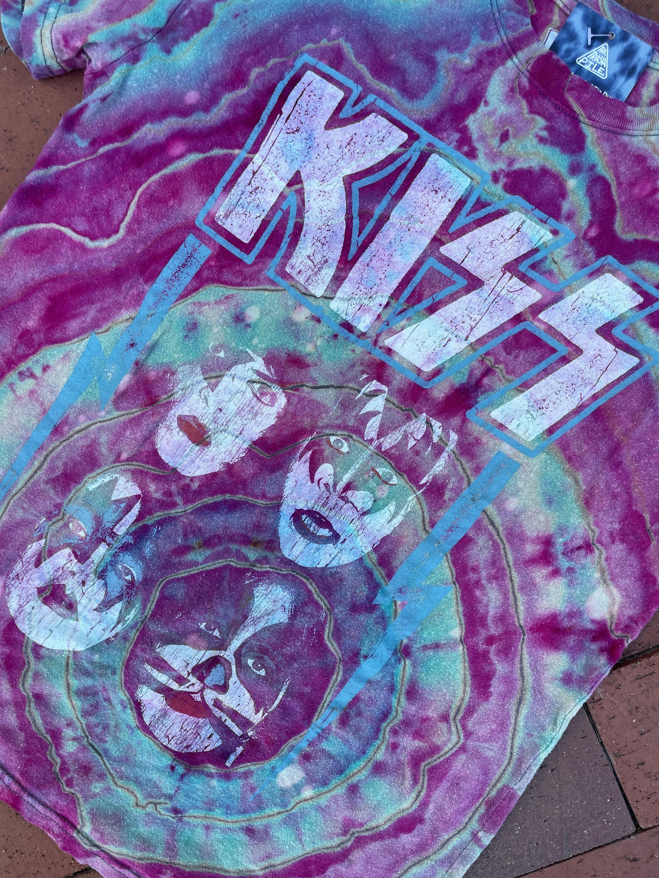 SMALL Women's KISS Handmade Reverse Tie Dye Short Sleeve T-Shirt | One-Of-a-Kind Upcycled Pink and Blue Galaxy Geode Top