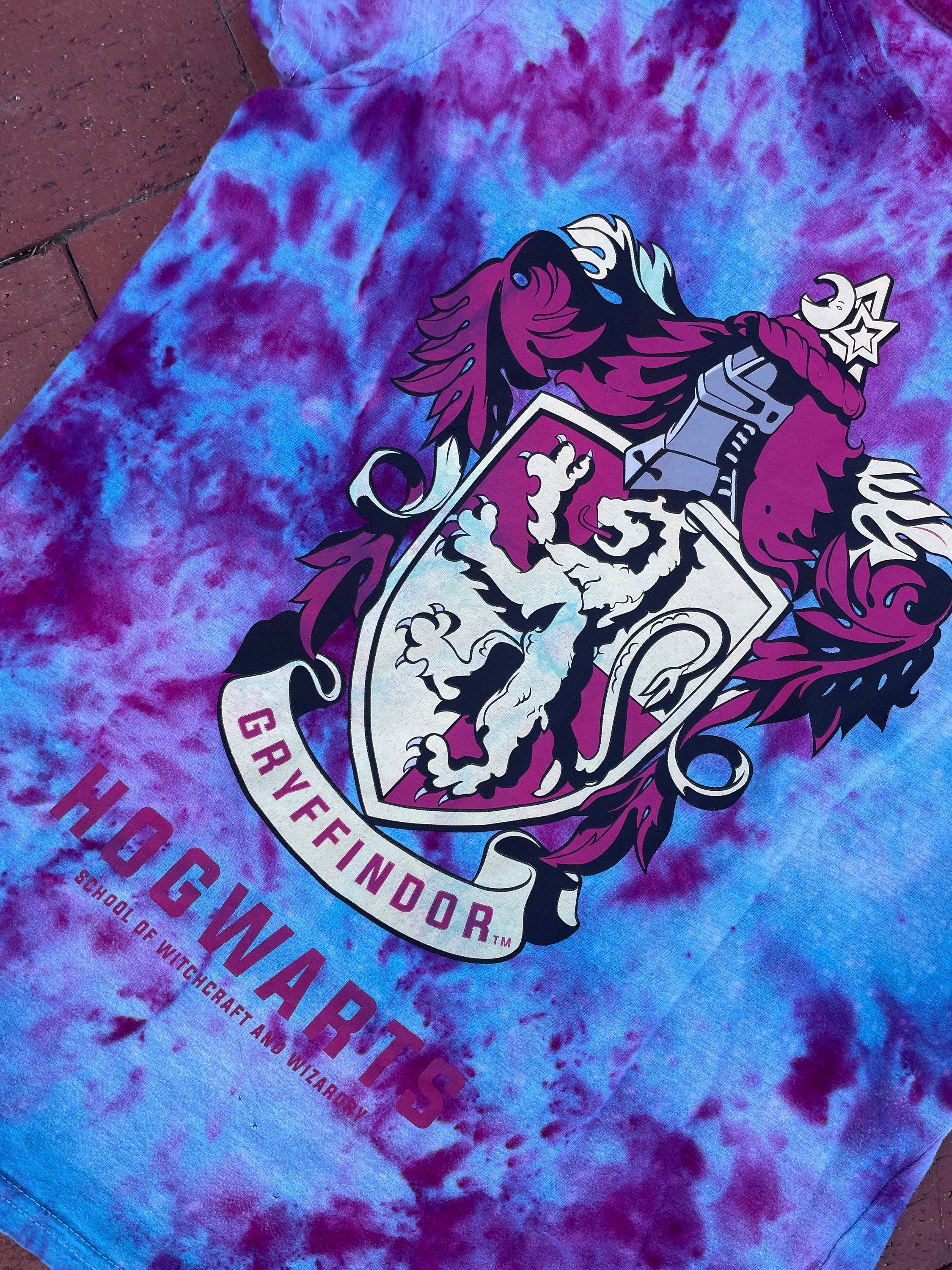SMALL Women's Gryffindor Handmade Reverse Tie Dye Short Sleeve T-Shirt | One-Of-a-Kind Upcycled Pink and Blue Galaxy Ice Dye Top