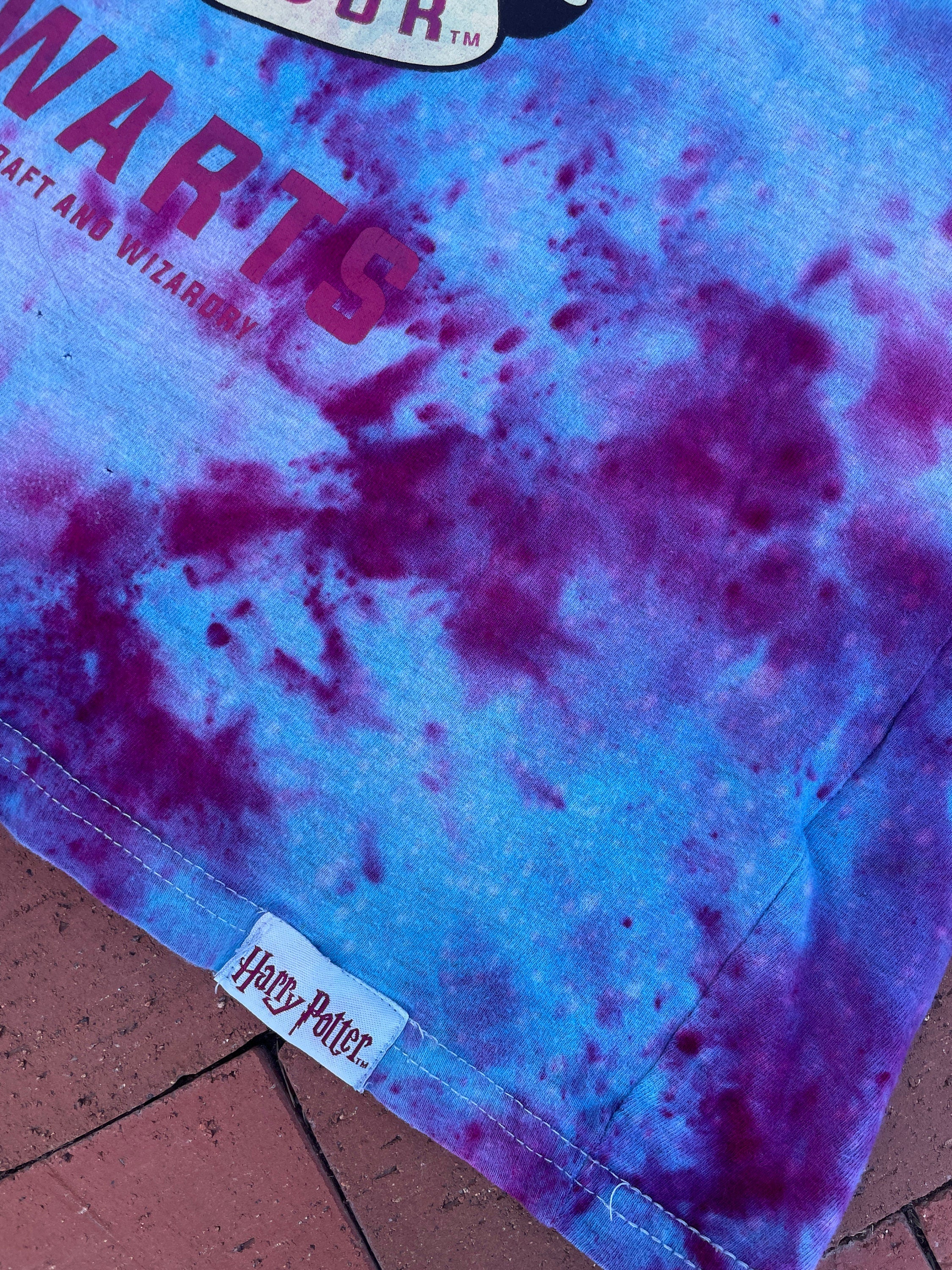 SMALL Women's Gryffindor Handmade Reverse Tie Dye Short Sleeve T-Shirt | One-Of-a-Kind Upcycled Pink and Blue Galaxy Ice Dye Top