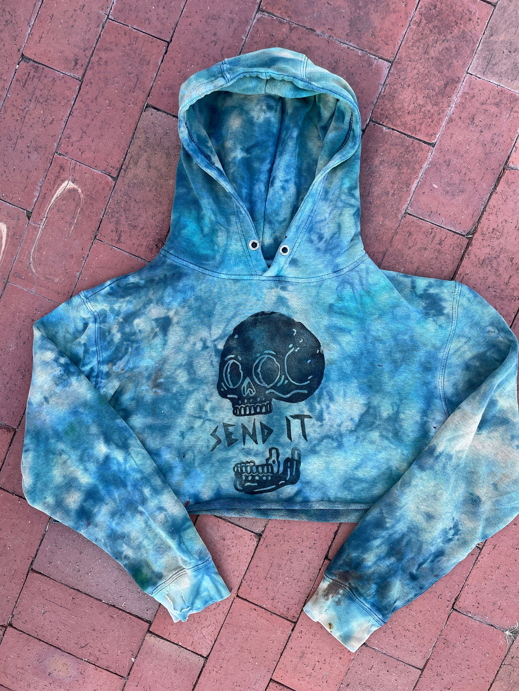 M/L Women's Hand-Printed Send It Skull Handmade Tie Dye Hoodie Crop Top | One-Of-a-Kind Upcycled Green and Blue Cropped Sweatshirt