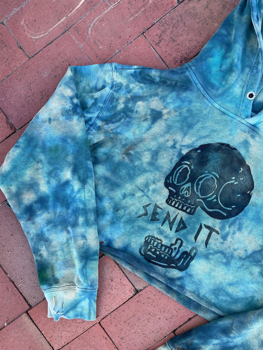 M/L Women's Hand-Printed Send It Skull Handmade Tie Dye Hoodie Crop Top | One-Of-a-Kind Upcycled Green and Blue Cropped Sweatshirt