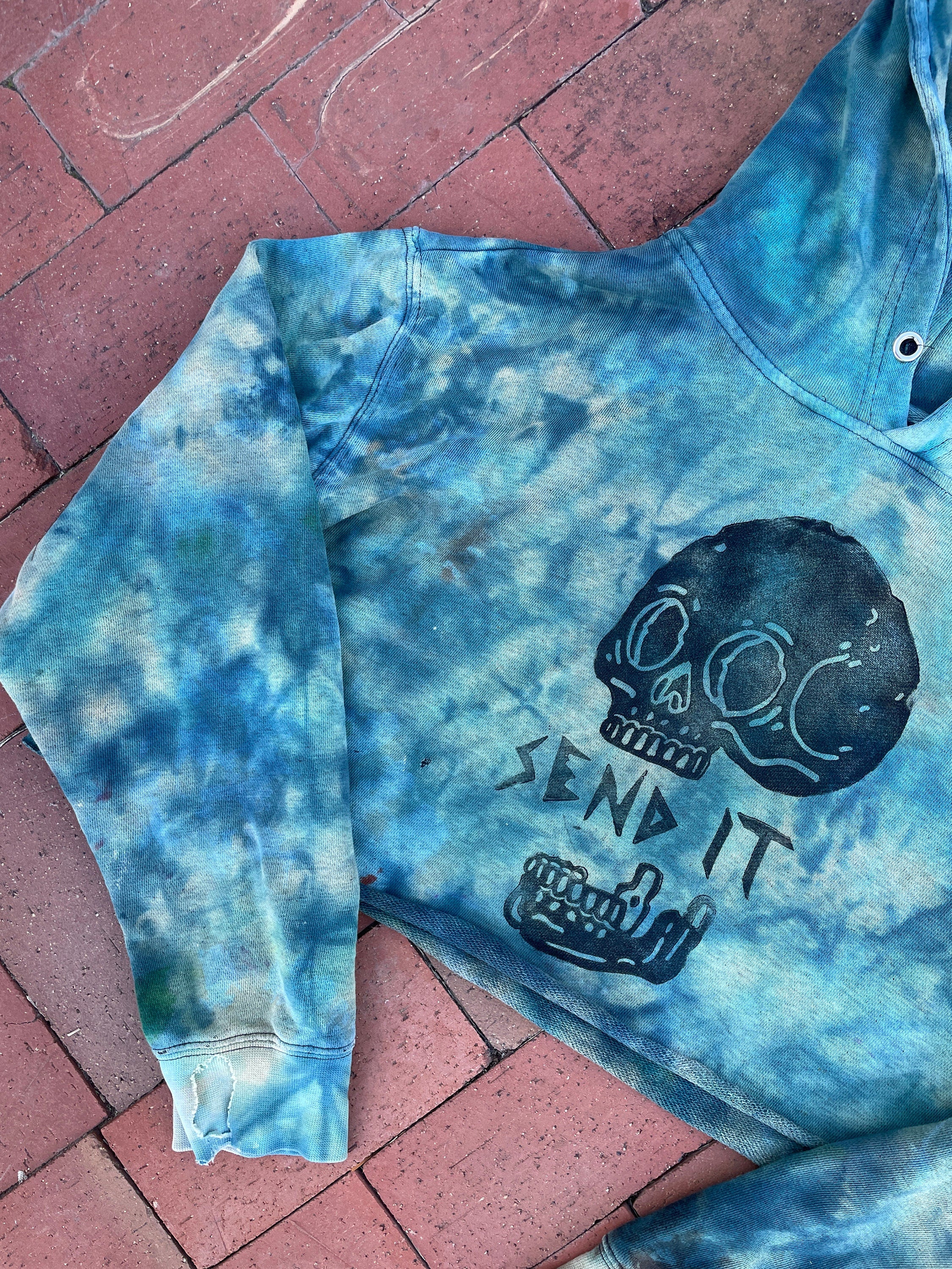 M/L Women's Hand-Printed Send It Skull Handmade Tie Dye Hoodie Crop Top | One-Of-a-Kind Upcycled Green and Blue Cropped Sweatshirt