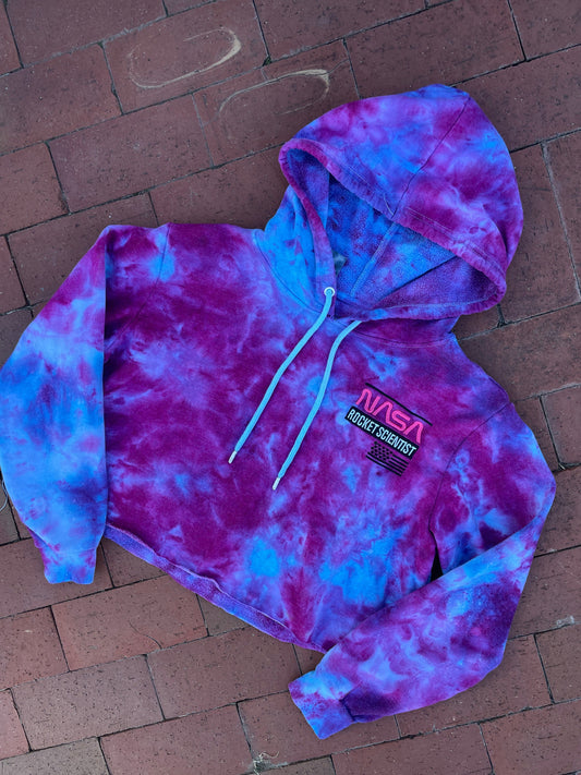 SMALL Women's NASA Rocket Scientist Handmade Galaxy Ice Dye Long Sleeve Cropped Hoodie | One-Of-a-Kind Upcycled Blue and Purple Sweatshirt