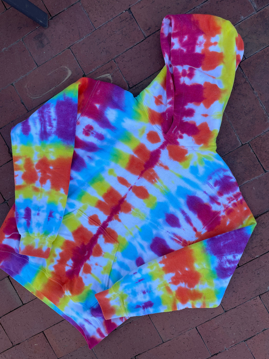 SMALL Men's Rainbow Handmade Tie Dye Long Sleeve Hoodie | One-Of-a-Kind Upcycled Rainbow and White Pleated Sweatshirt