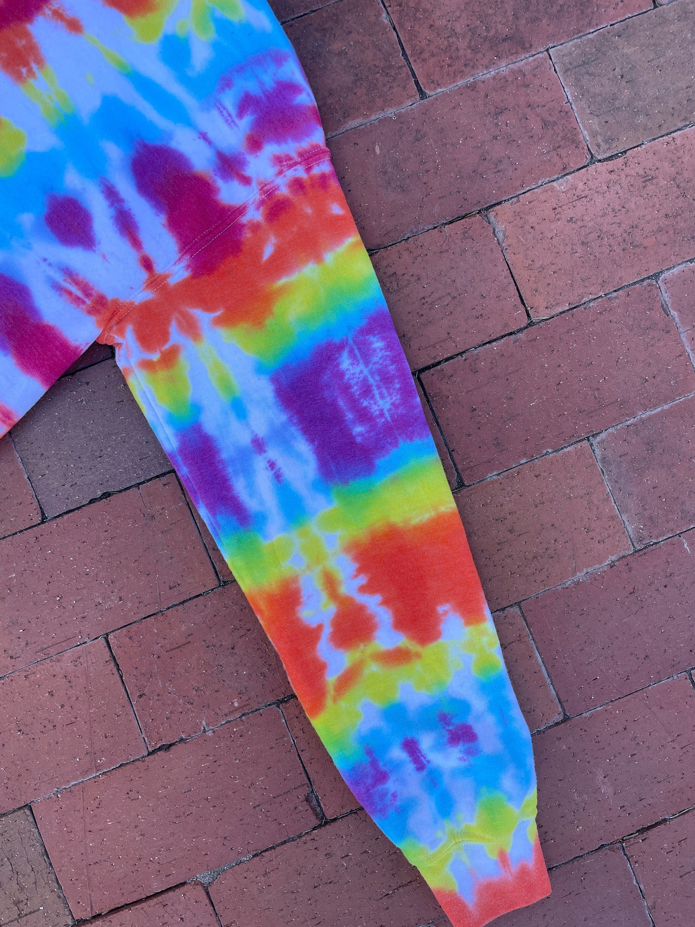 SMALL Men's Rainbow Handmade Tie Dye Long Sleeve Hoodie | One-Of-a-Kind Upcycled Rainbow and White Pleated Sweatshirt