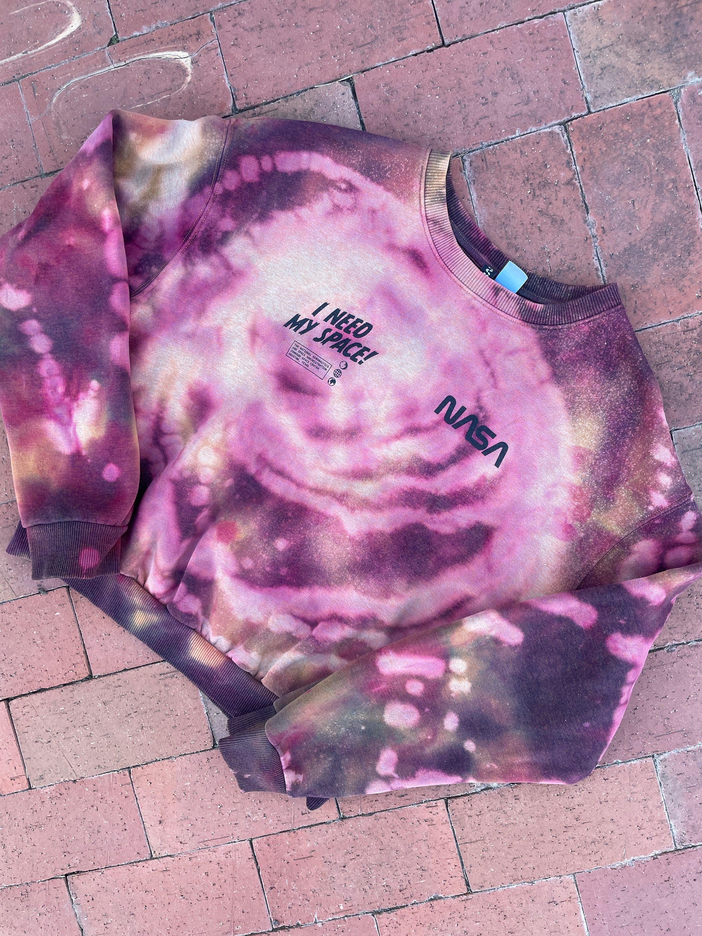 MEDIUM Women's NASA I Need My Space! Handmade Bleach Dye Long Sleeve Pullover Sweatshirt | One-Of-a-Kind Upcycled Red and White Crewneck