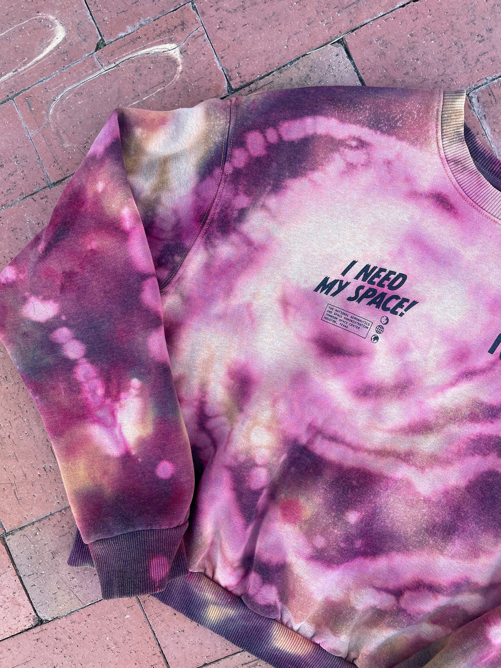 MEDIUM Women's NASA I Need My Space! Handmade Bleach Dye Long Sleeve Pullover Sweatshirt | One-Of-a-Kind Upcycled Red and White Crewneck