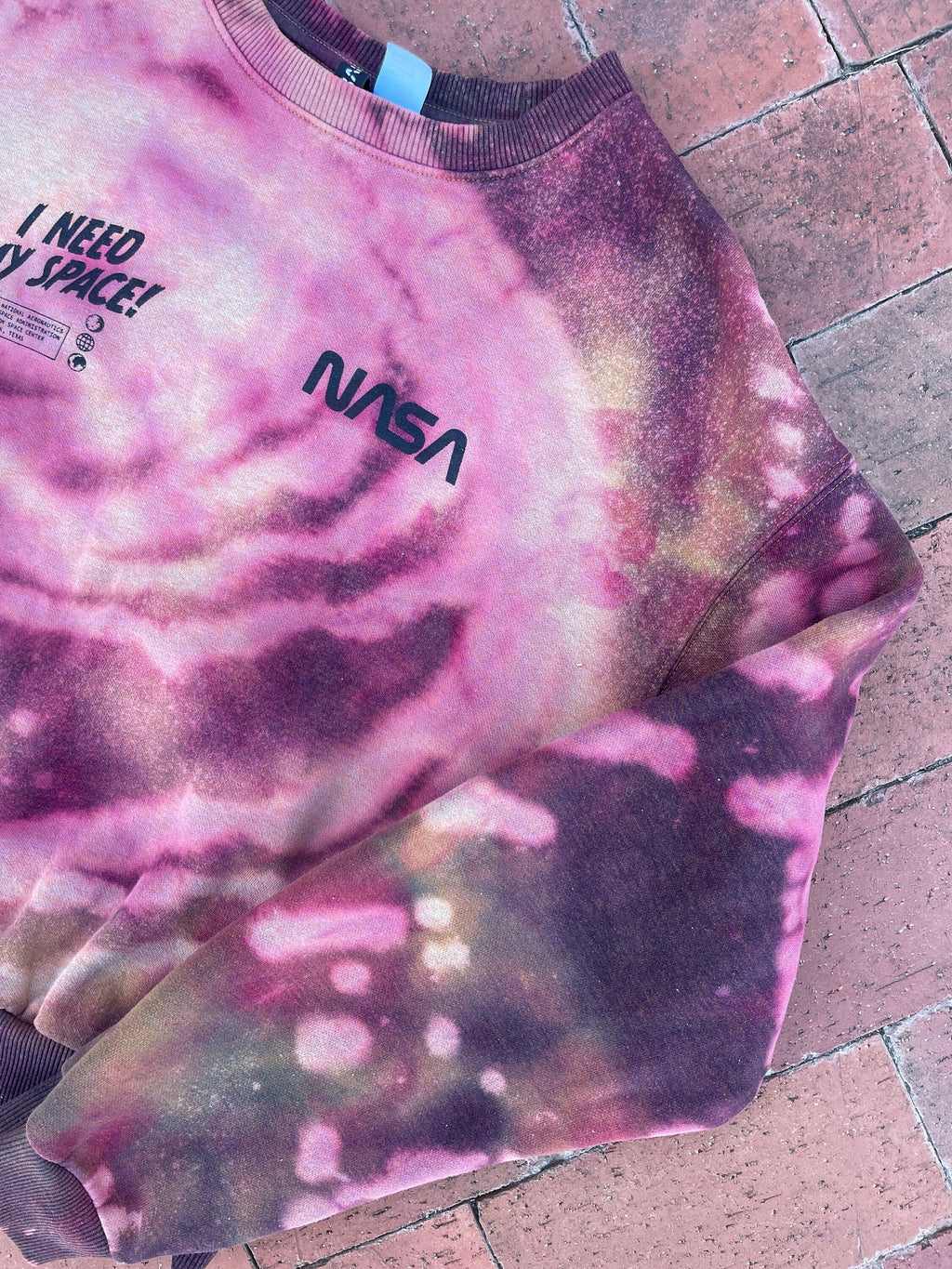 MEDIUM Women's NASA I Need My Space! Handmade Bleach Dye Long Sleeve Pullover Sweatshirt | One-Of-a-Kind Upcycled Red and White Crewneck