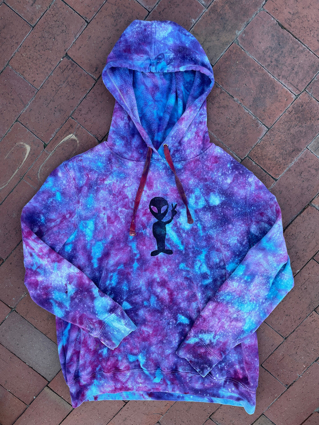 Large Women's Hand-Printed Alien Reverse Tie Dye Hoodie | Handmade One-Of-a-Kind Upcycled Blue, Pink, and Purple Sweatshirt