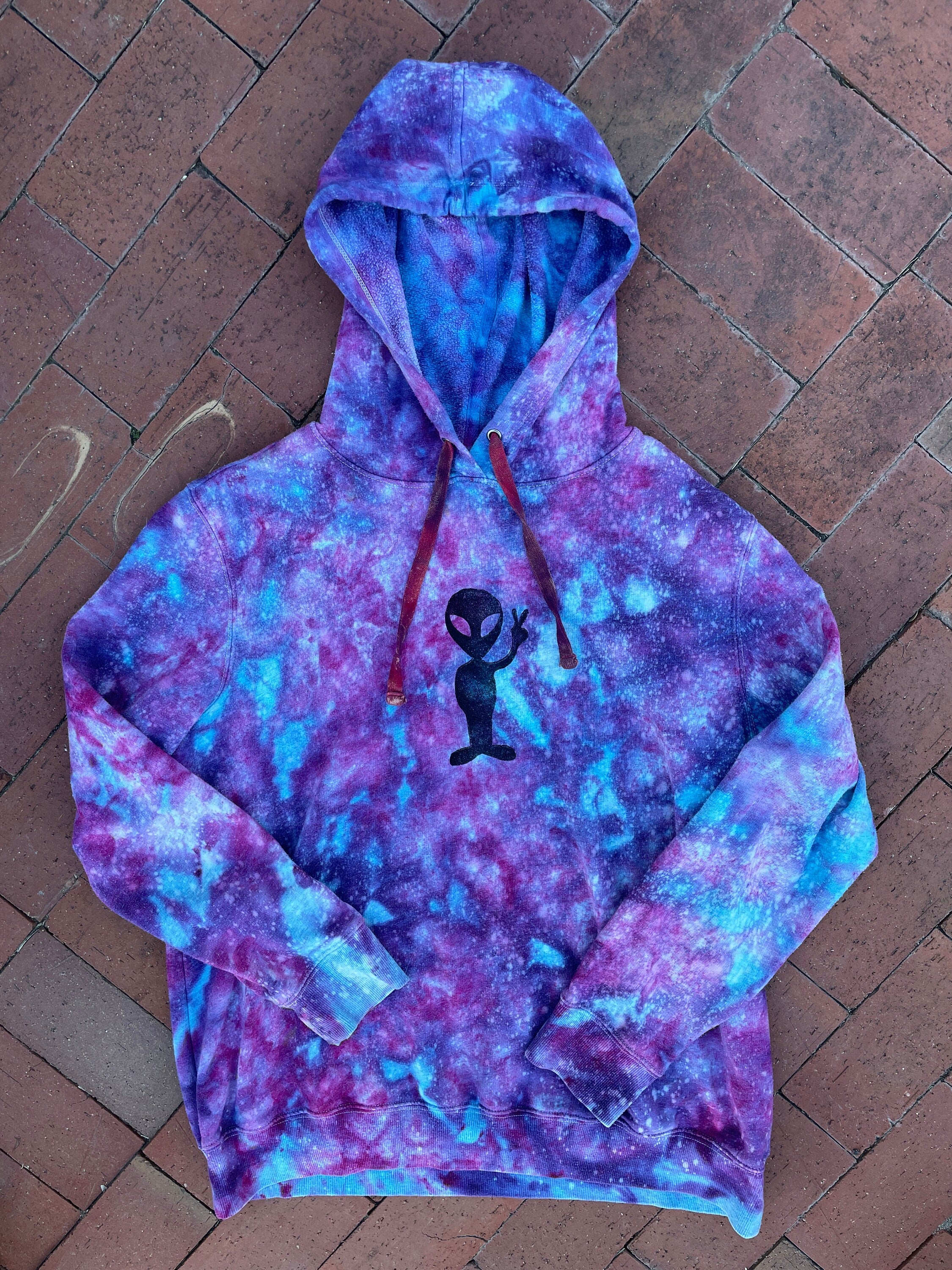 Large Women's Hand-Printed Alien Reverse Tie Dye Hoodie | Handmade One-Of-a-Kind Upcycled Blue, Pink, and Purple Sweatshirt