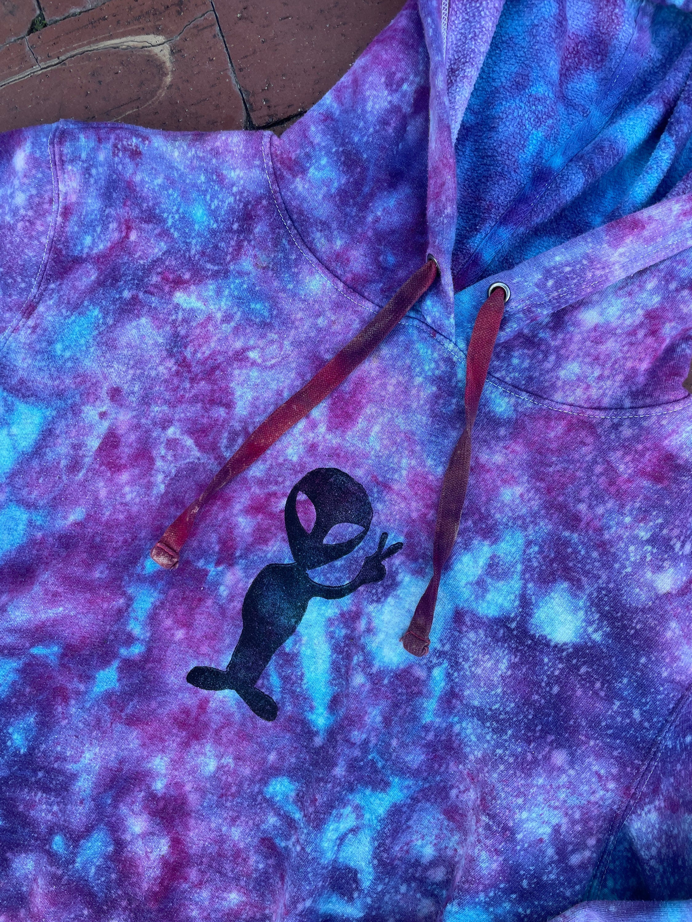 Large Women's Hand-Printed Alien Reverse Tie Dye Hoodie | Handmade One-Of-a-Kind Upcycled Blue, Pink, and Purple Sweatshirt