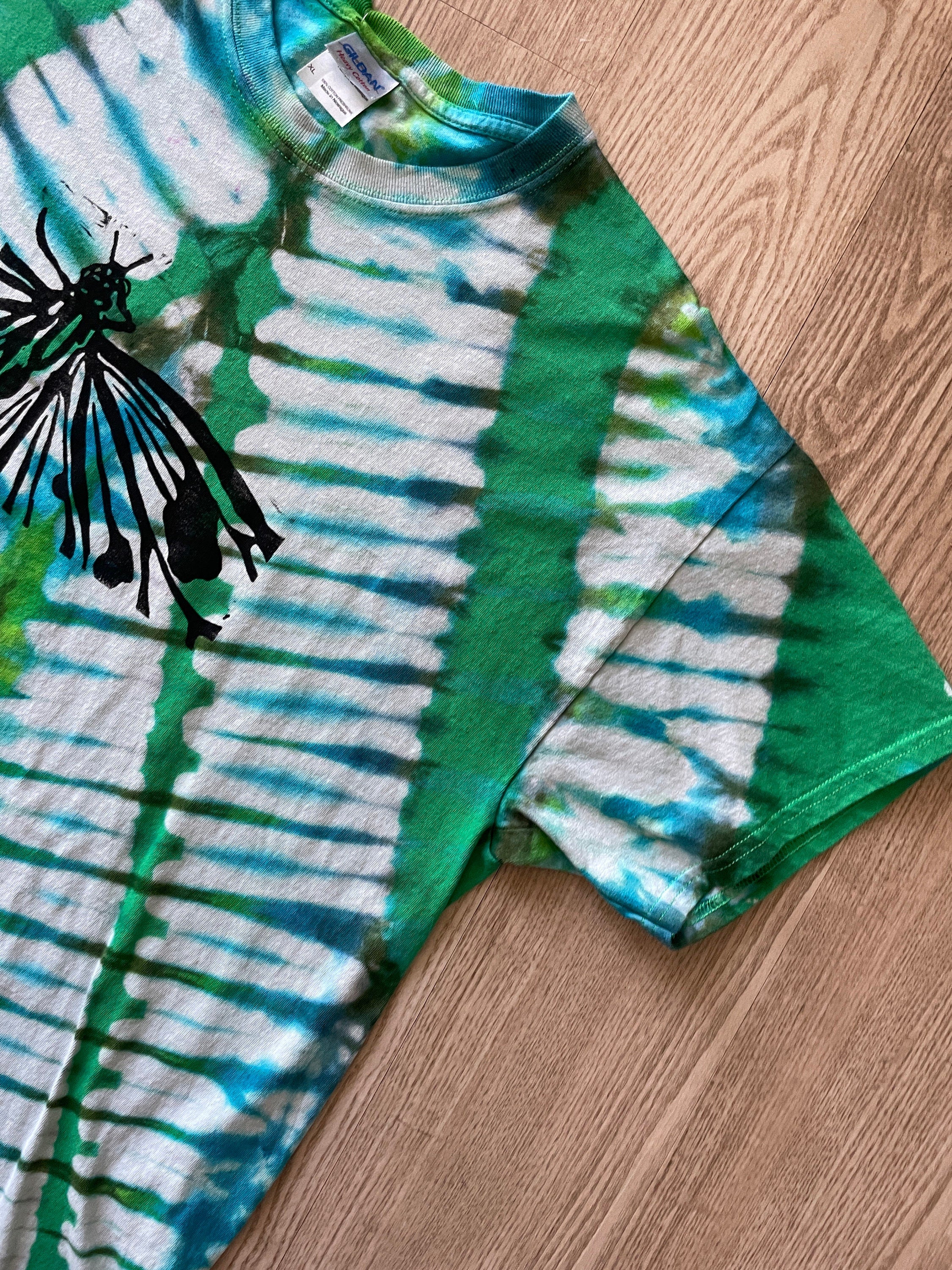 XL Men's Hand-Printed Butterfly Reverse Tie Dye Short Sleeve T-Shirt | Handmade One-Of-a-Kind Upcycled Green, Blue, and White Pleated Top