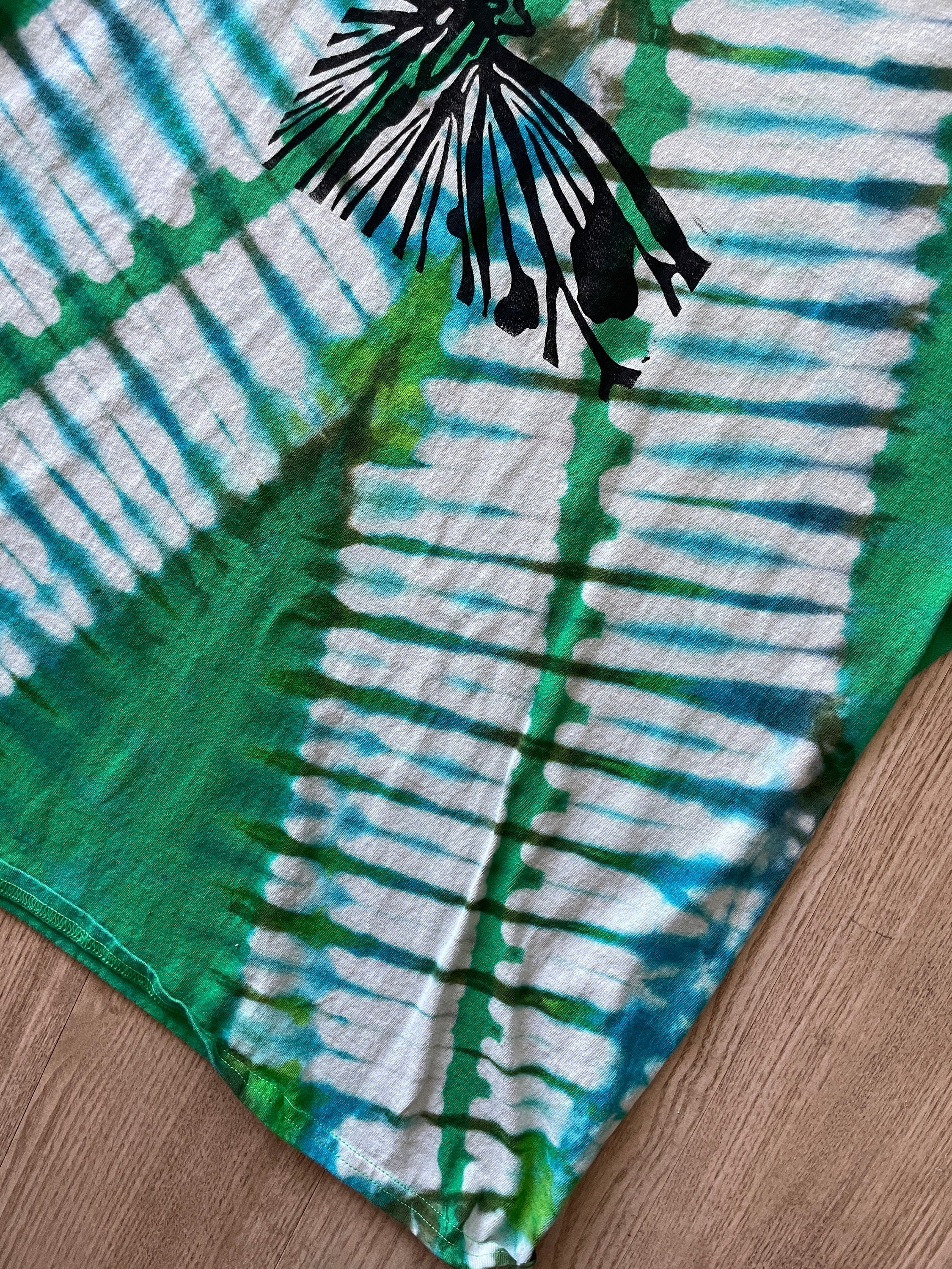 XL Men's Hand-Printed Butterfly Reverse Tie Dye Short Sleeve T-Shirt | Handmade One-Of-a-Kind Upcycled Green, Blue, and White Pleated Top