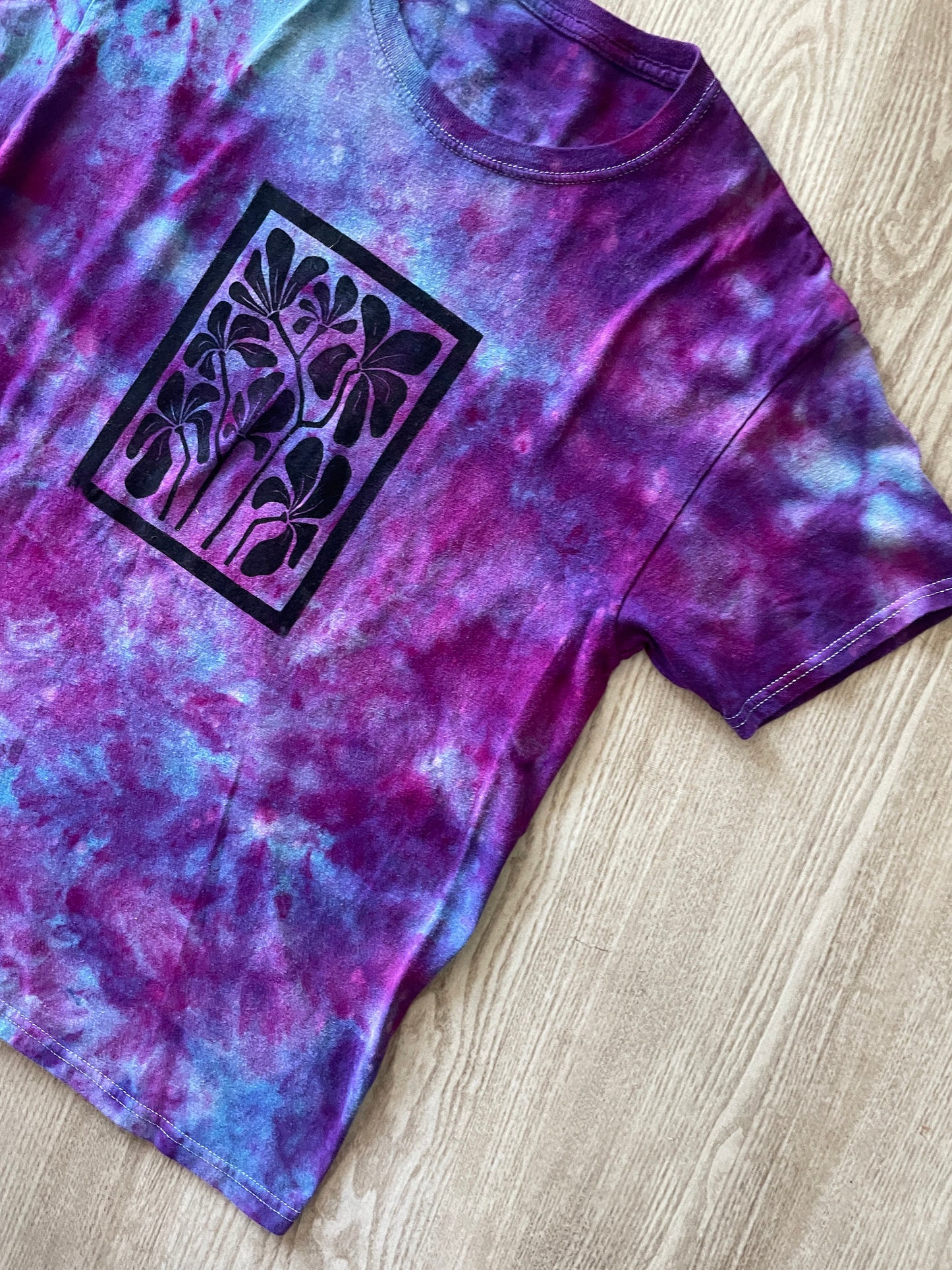 Medium Men's Hand-Printed Floral Galaxy Tie Dye Short Sleeve T-Shirt | Handmade One-Of-a-Kind Upcycled Blue, Purple, and Pink Ice Dye