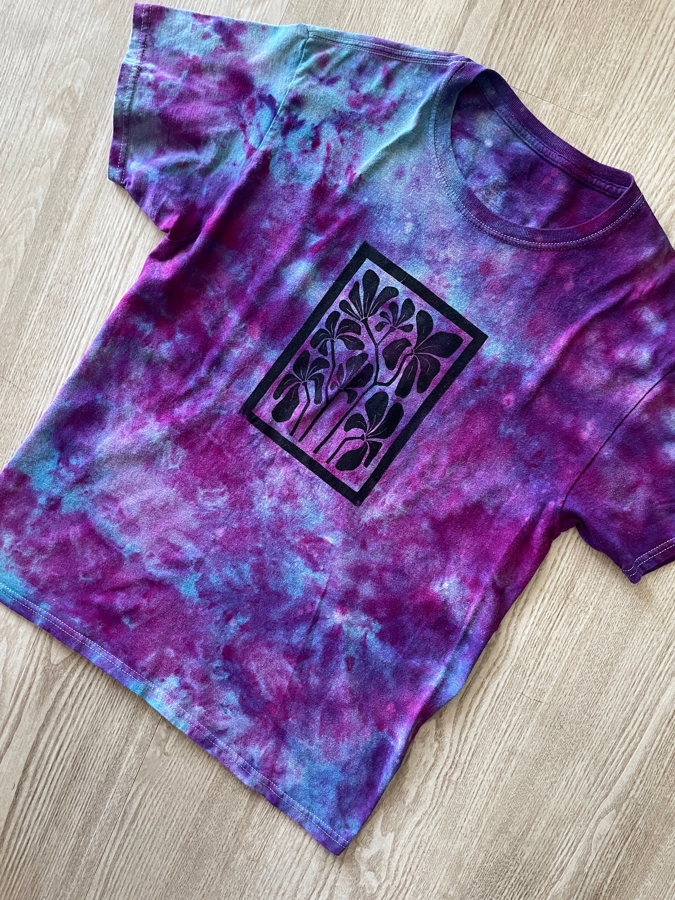 Medium Men's Hand-Printed Floral Galaxy Tie Dye Short Sleeve T-Shirt | Handmade One-Of-a-Kind Upcycled Blue, Purple, and Pink Ice Dye